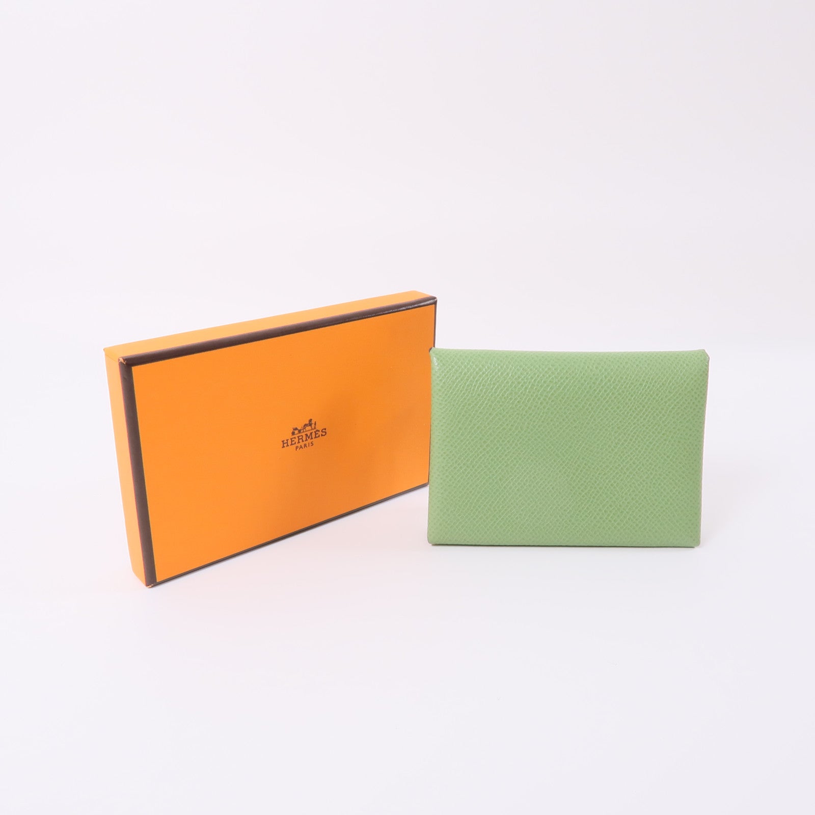 HERMES Epsom皮革Calvi Duoi銀扣卡片套Vert Criquet/綠色