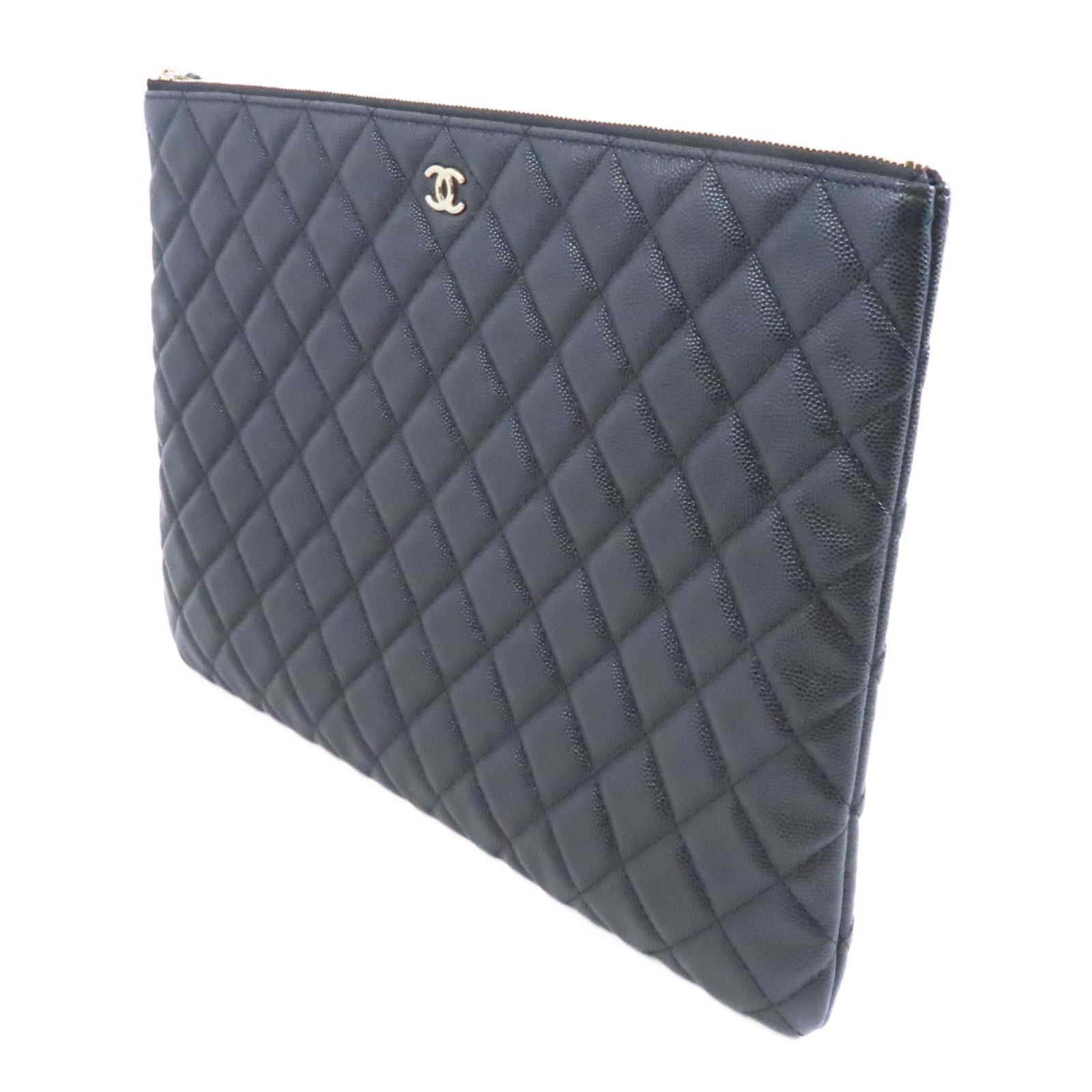 CHANEL 菱格Caviar皮革Classic Large Zipper Pouch金扣手拿包黑色