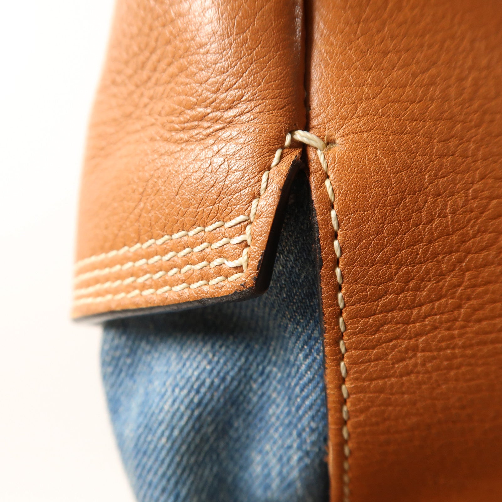 LOEWE 牛仔布/牛皮皮革Rucksack銀扣背包