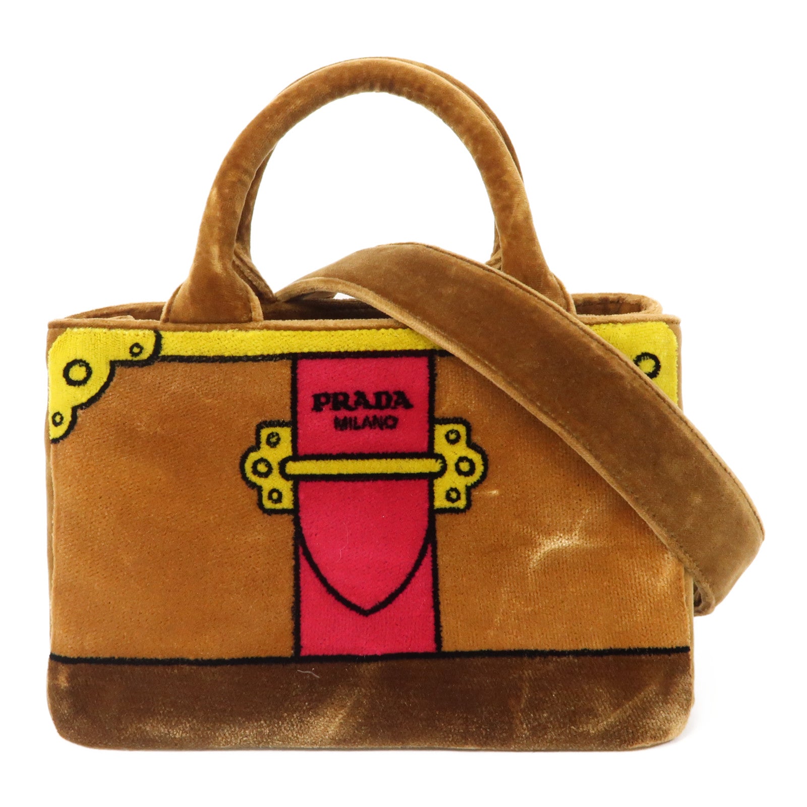 PRADA 天鵝絨2 Way Shoulder金扣肩背袋啡色