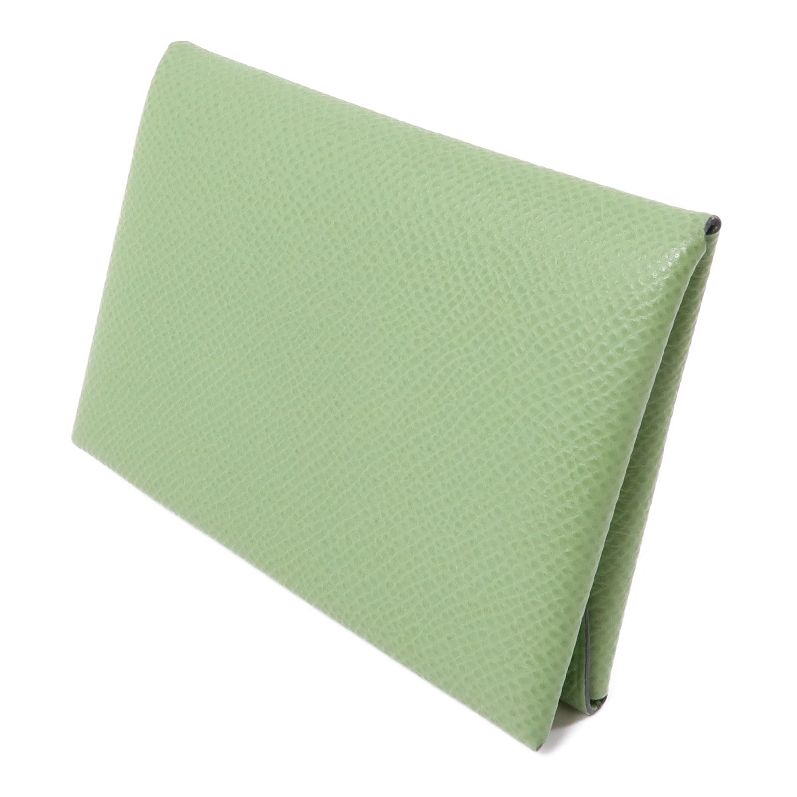 HERMES Epsom皮革Calvi Duoi銀扣卡片套Vert Criquet/綠色