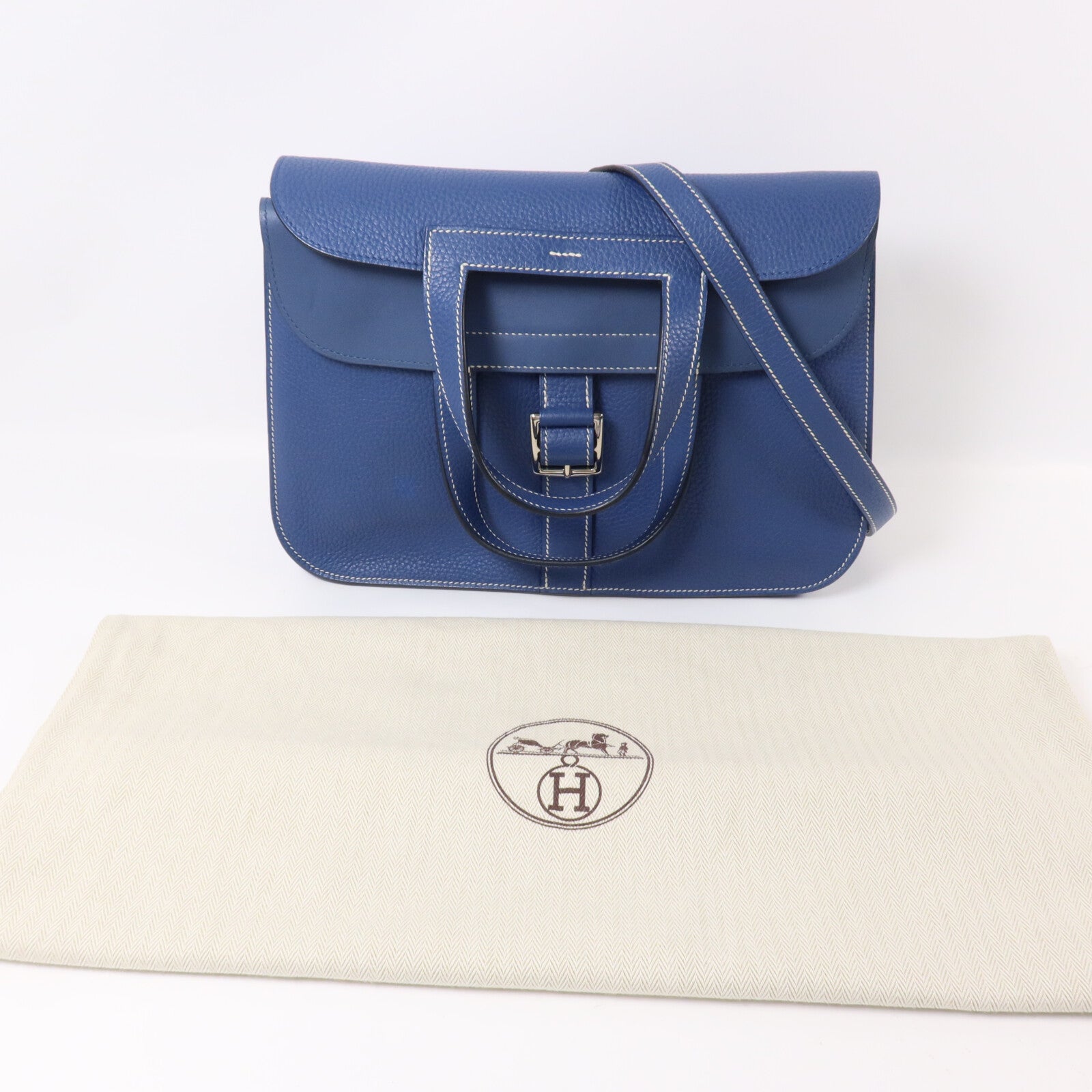 HERMES Clemence皮革Halzan 31手挽肩背兩用袋Bleu Brighton