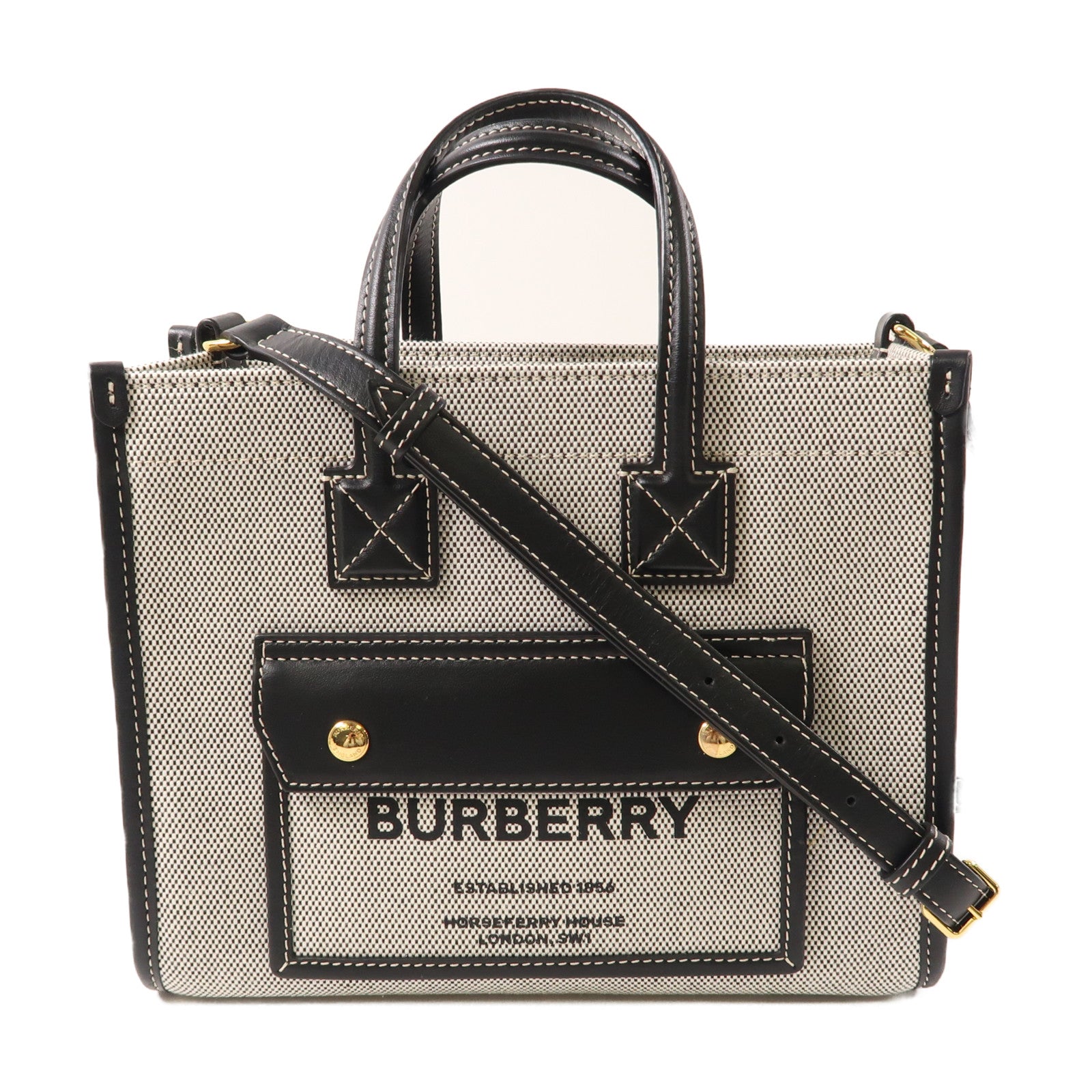BURBERRY 帆布/皮革Mini Freya金扣手挽肩背兩用袋黑色/灰色