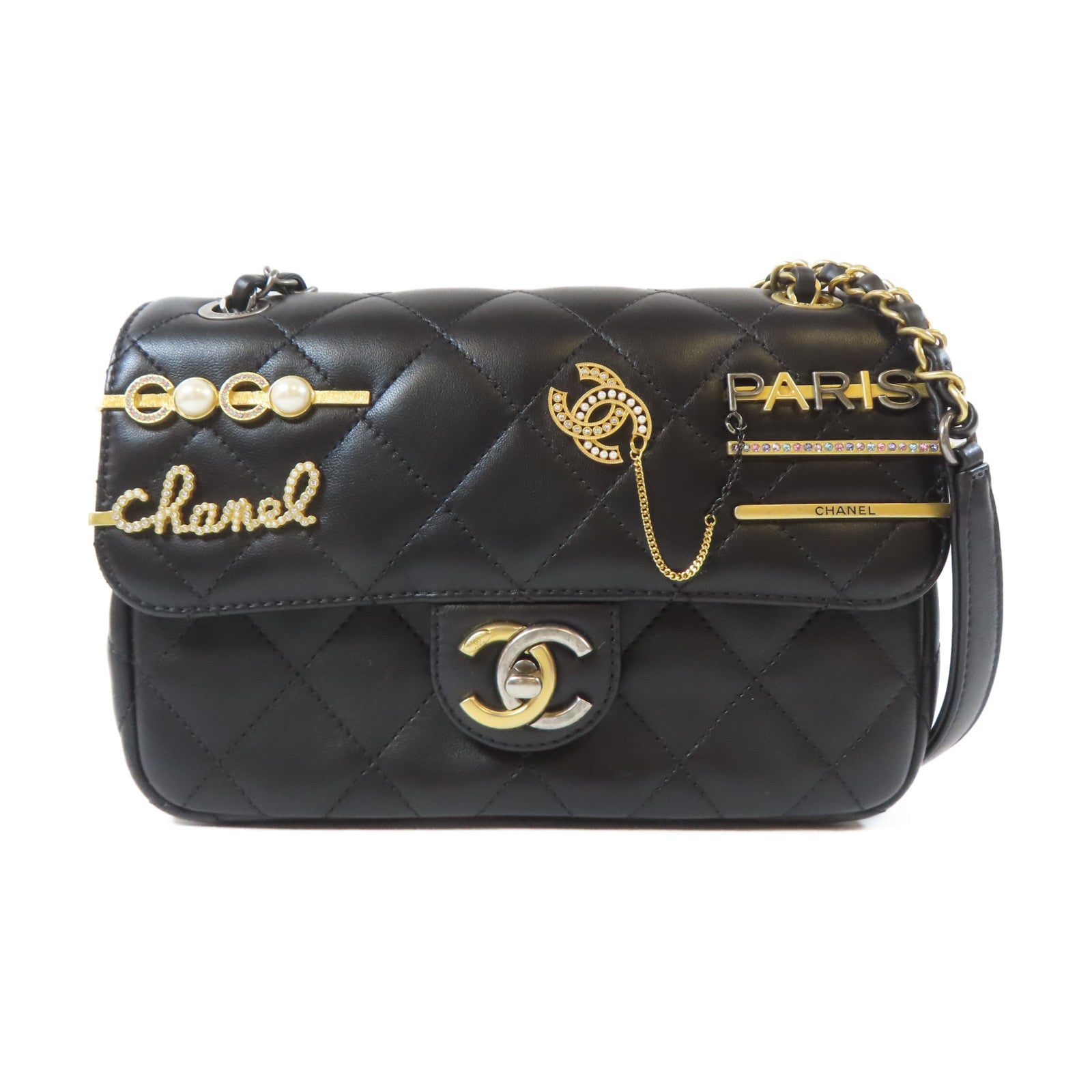CHANEL 菱格羊皮皮革Pearl Hairpin Badge Chain Shoulder Bag金扣/銀扣鏈帶肩背袋黑色