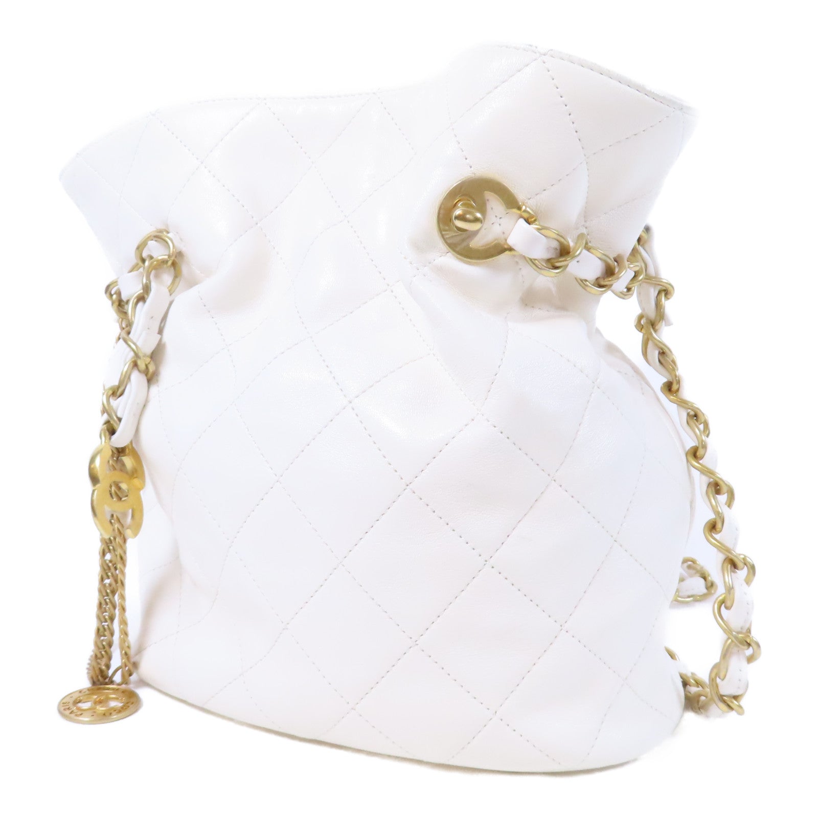 CHANEL 菱格羊皮皮革Chain Shoulder金扣鏈帶肩背袋白色