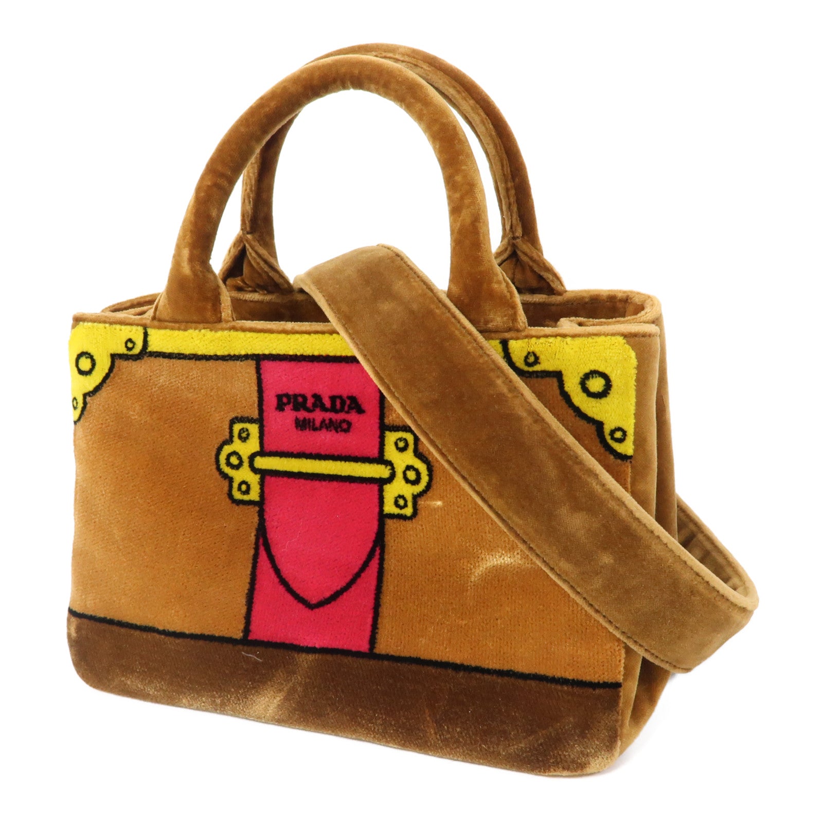 PRADA 天鵝絨2 Way Shoulder金扣肩背袋啡色
