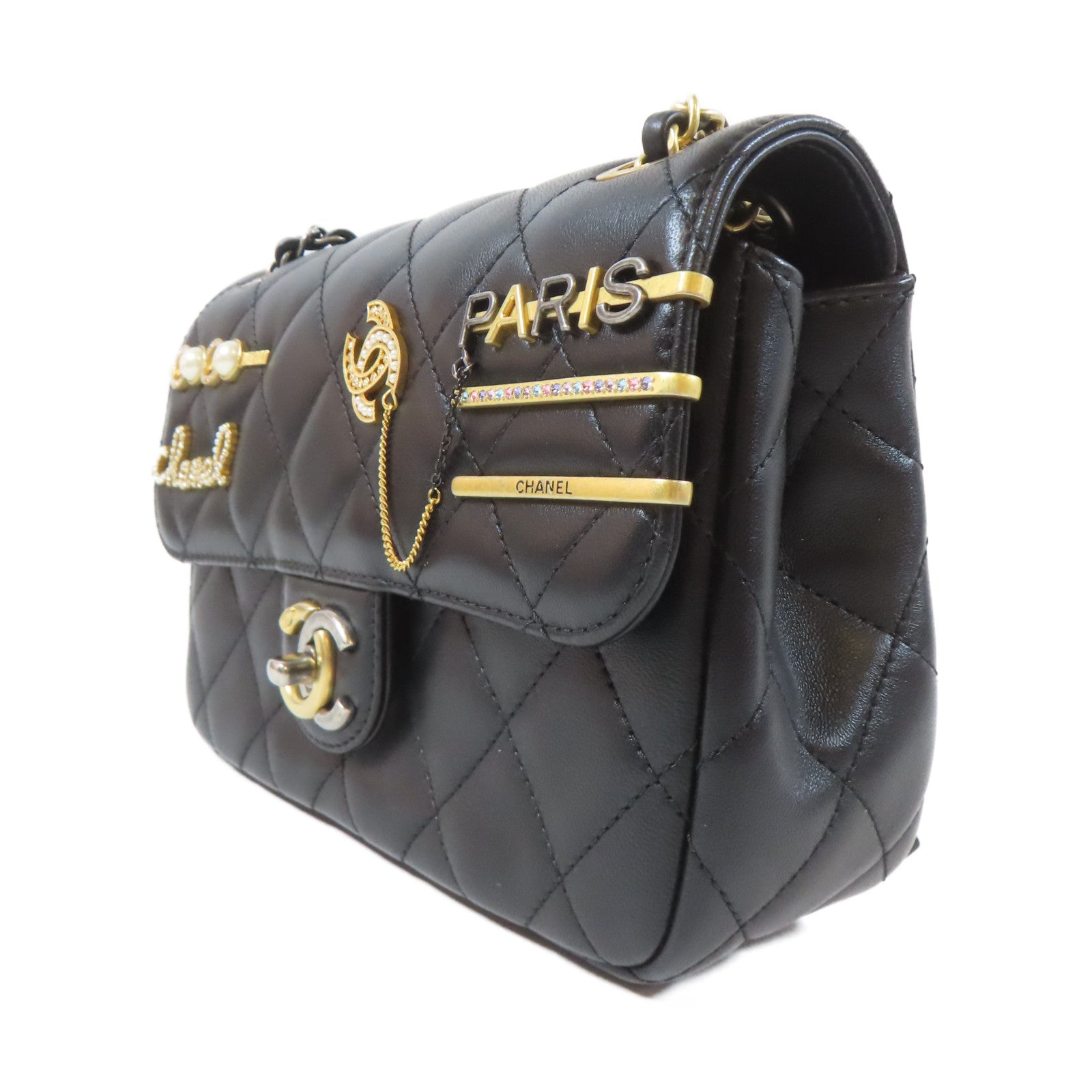 CHANEL 菱格羊皮皮革Pearl Hairpin Badge Chain Shoulder Bag金扣/銀扣鏈帶肩背袋黑色