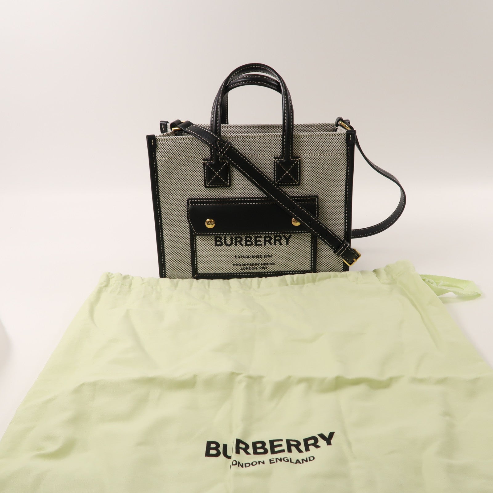 BURBERRY 帆布/皮革Mini Freya金扣手挽肩背兩用袋黑色/灰色
