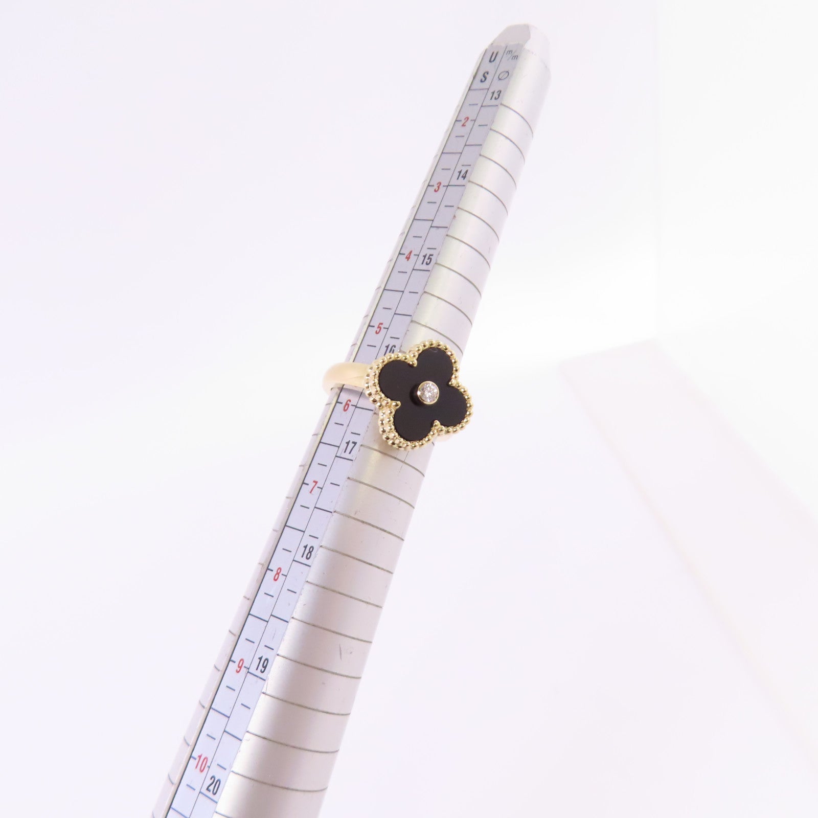 Van Cleef & Arpels 18K白金/黑瑪瑙Vintage Alhambra Black Agate Diamond Ring#51/US#5.75