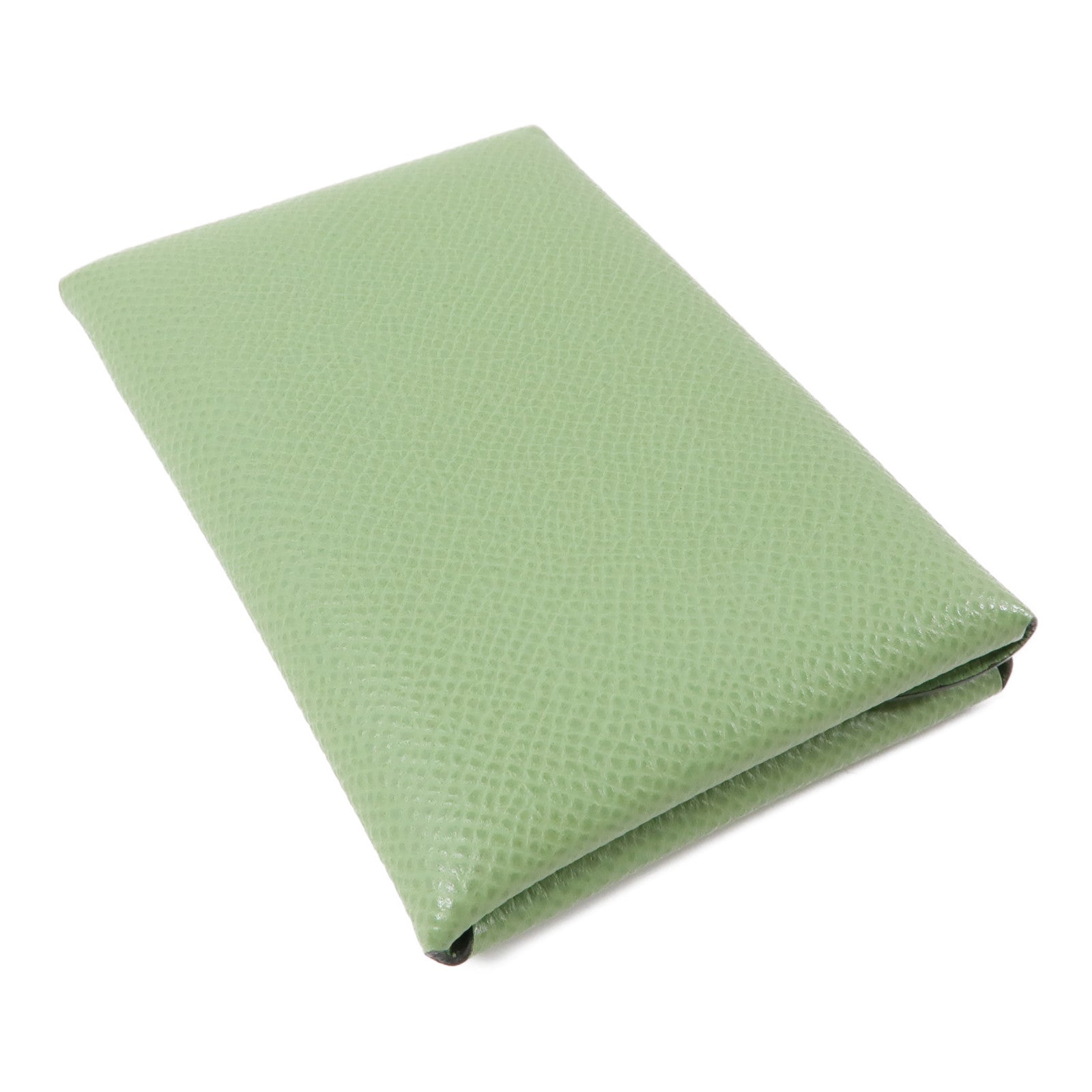 HERMES Epsom皮革Calvi Duoi銀扣卡片套Vert Criquet/綠色