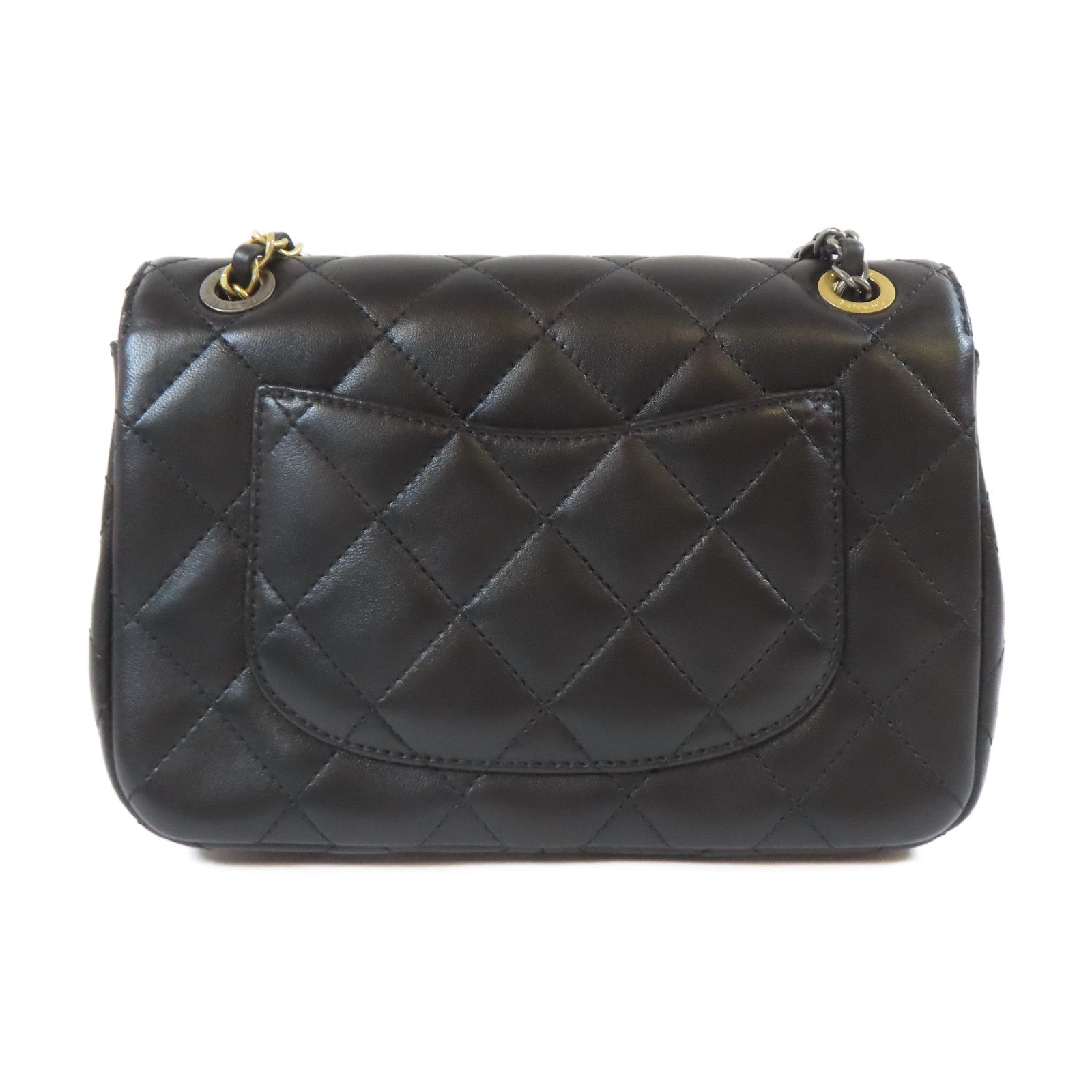 CHANEL 菱格羊皮皮革Pearl Hairpin Badge Chain Shoulder Bag金扣/銀扣鏈帶肩背袋黑色