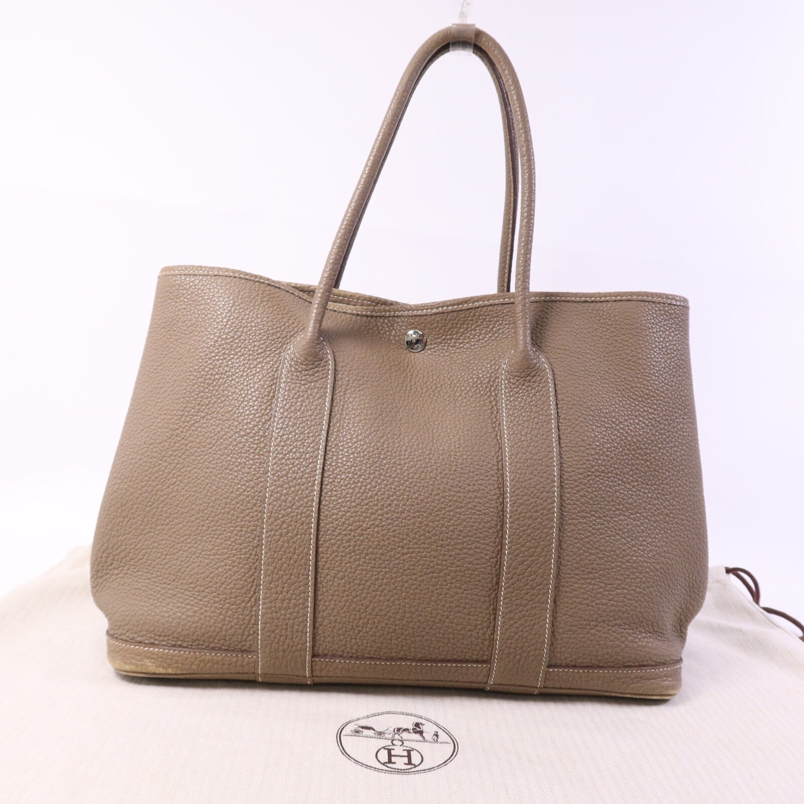 HERMES Clemence皮革GardenParty PM銀扣手挽袋Etoupe