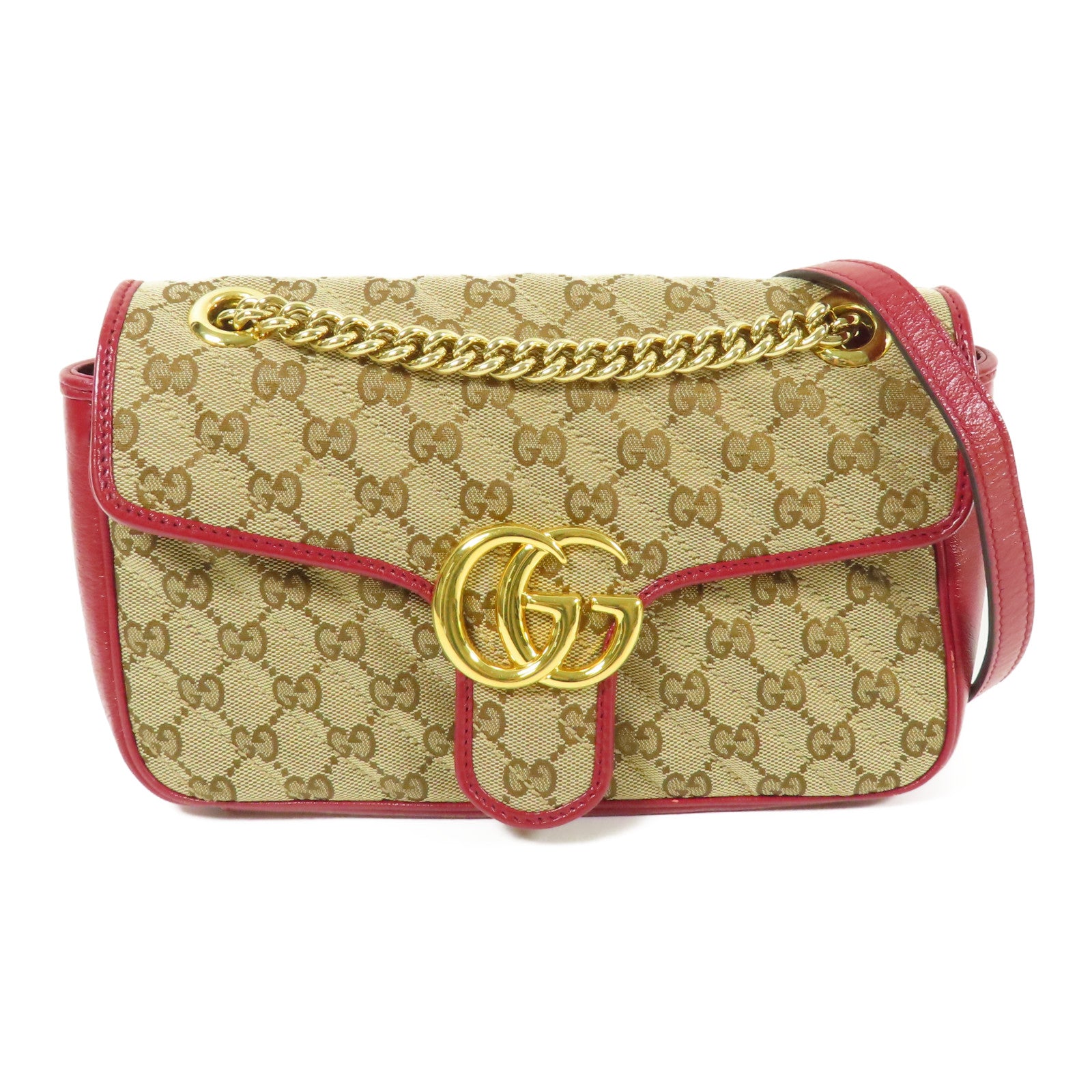 GUCCI GG GHW Marmont Bag Chain Shoulder Bag GG Canvas Brown Red