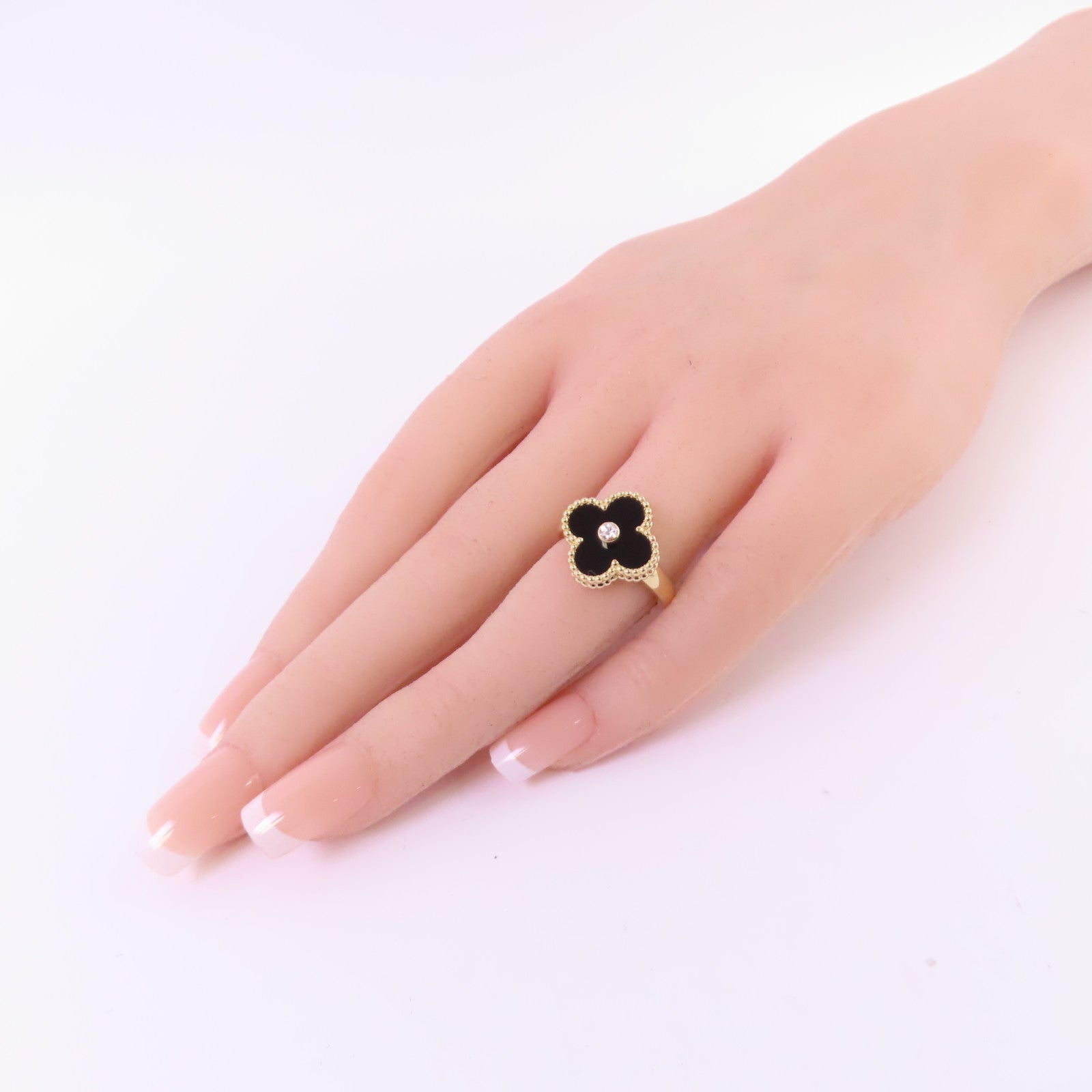 Van Cleef & Arpels 18K白金/黑瑪瑙Vintage Alhambra Black Agate Diamond Ring#51/US#5.75