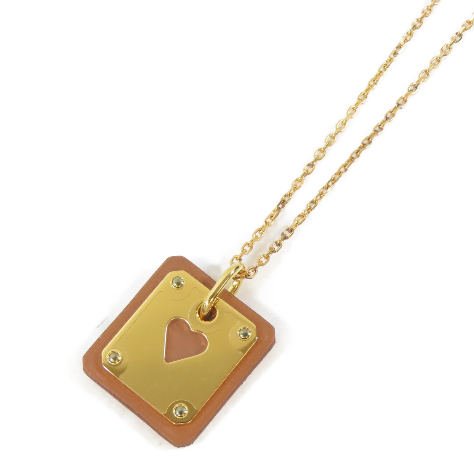 HERMES 皮革/金屬As de Coeur Pendant Necklace項鍊啡色/金色#48cm