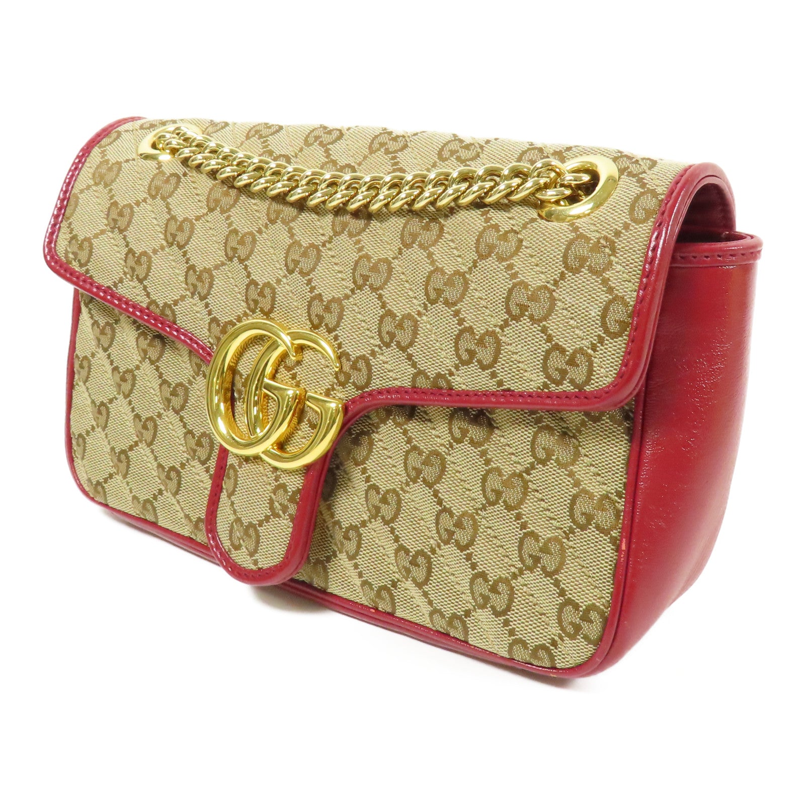 GUCCI GG GHW Marmont Bag Chain Shoulder Bag GG Canvas Brown Red
