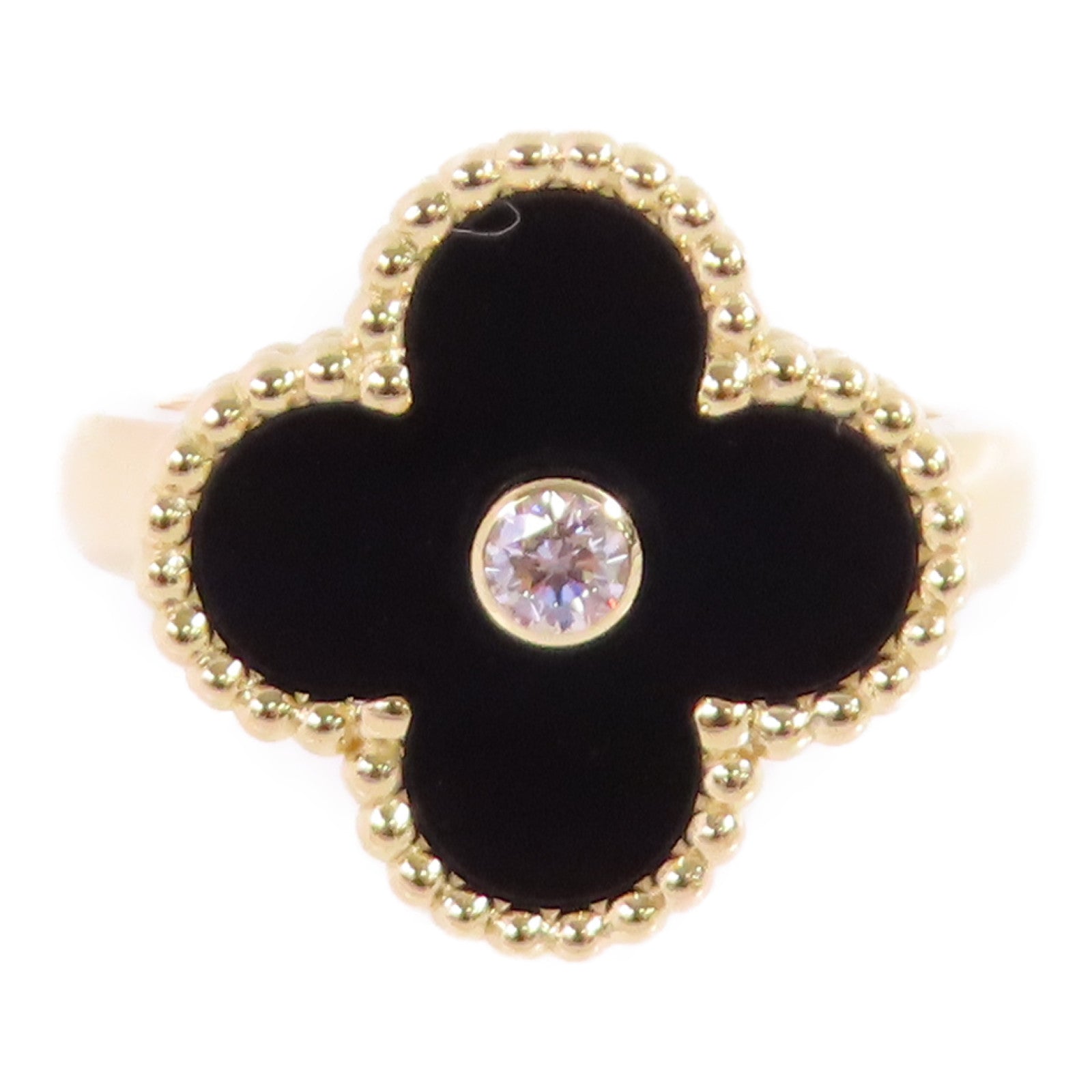 Van Cleef & Arpels 18K白金/黑瑪瑙Vintage Alhambra Black Agate Diamond Ring#51/US#5.75