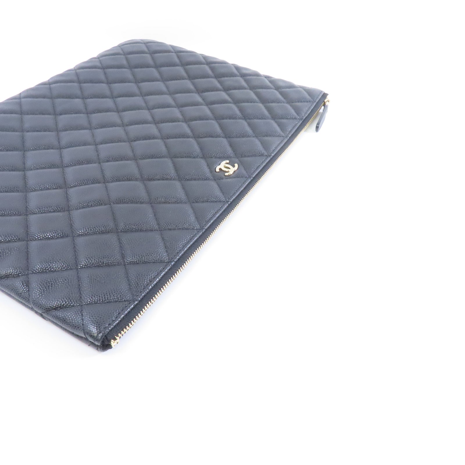 CHANEL 菱格Caviar皮革Classic Large Zipper Pouch金扣手拿包黑色
