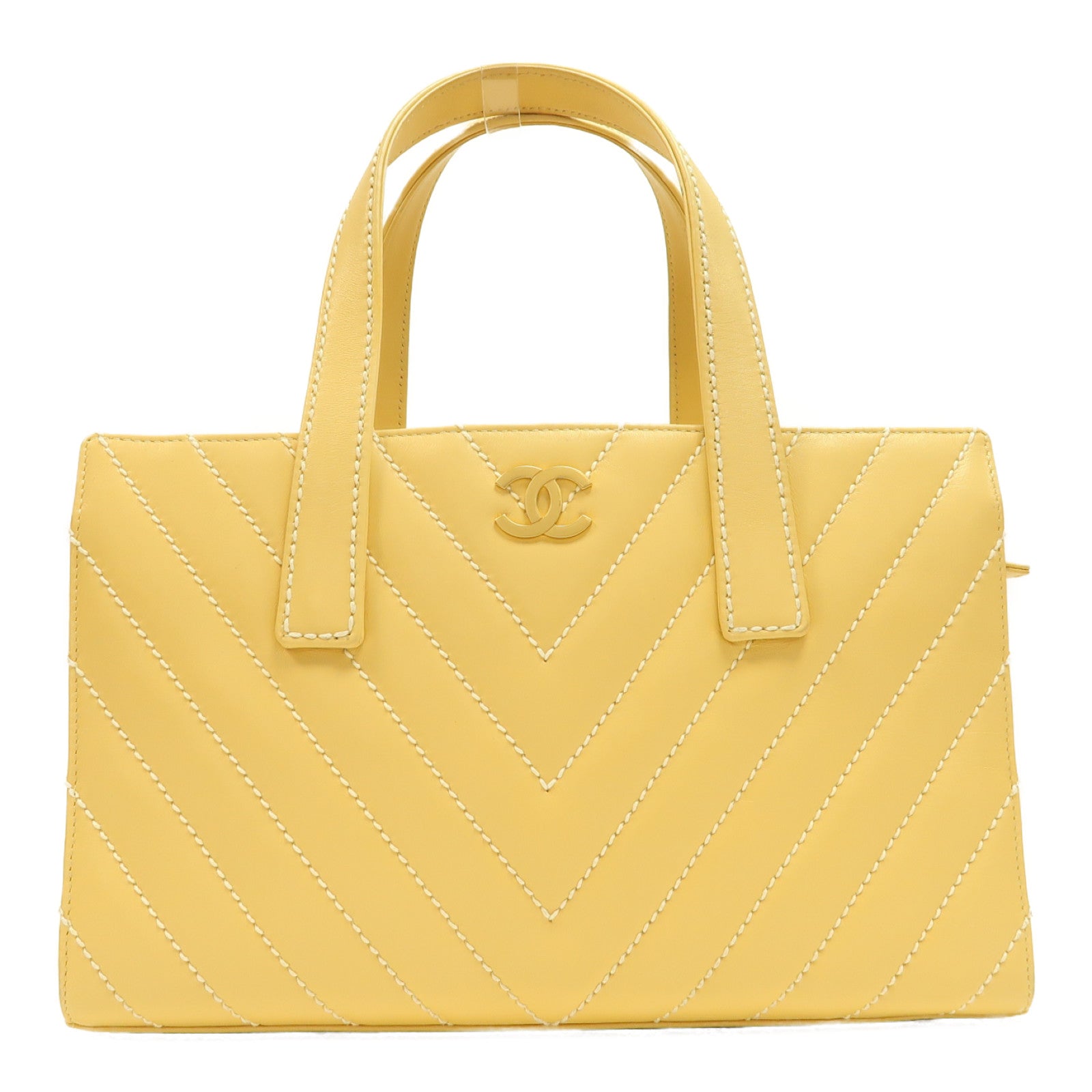 CHANEL 斜紋牛皮皮革Vintage Handbag金扣手挽袋黃色