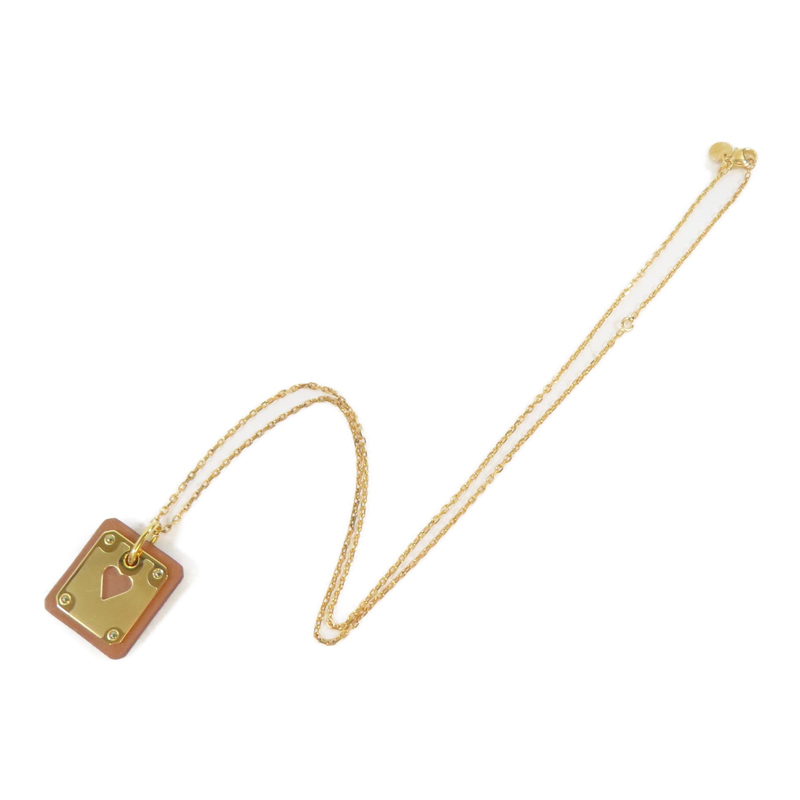 HERMES 皮革/金屬As de Coeur Pendant Necklace項鍊啡色/金色#48cm