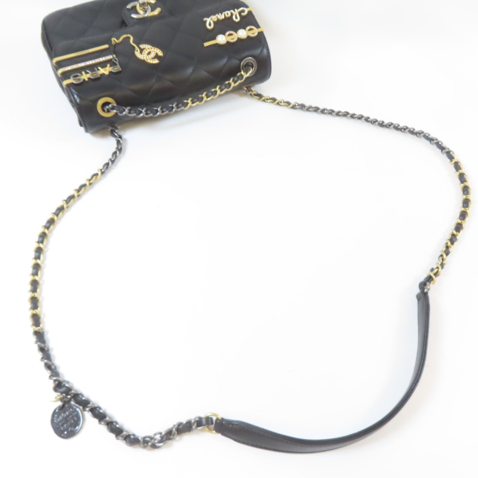 CHANEL 菱格羊皮皮革Pearl Hairpin Badge Chain Shoulder Bag金扣/銀扣鏈帶肩背袋黑色