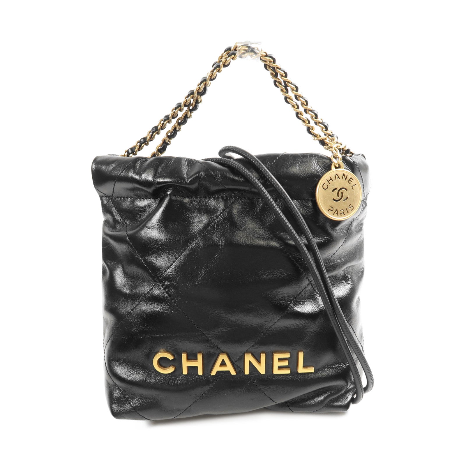 CHANEL 牛皮皮革Mini C22金扣鏈帶手挽肩背兩用袋