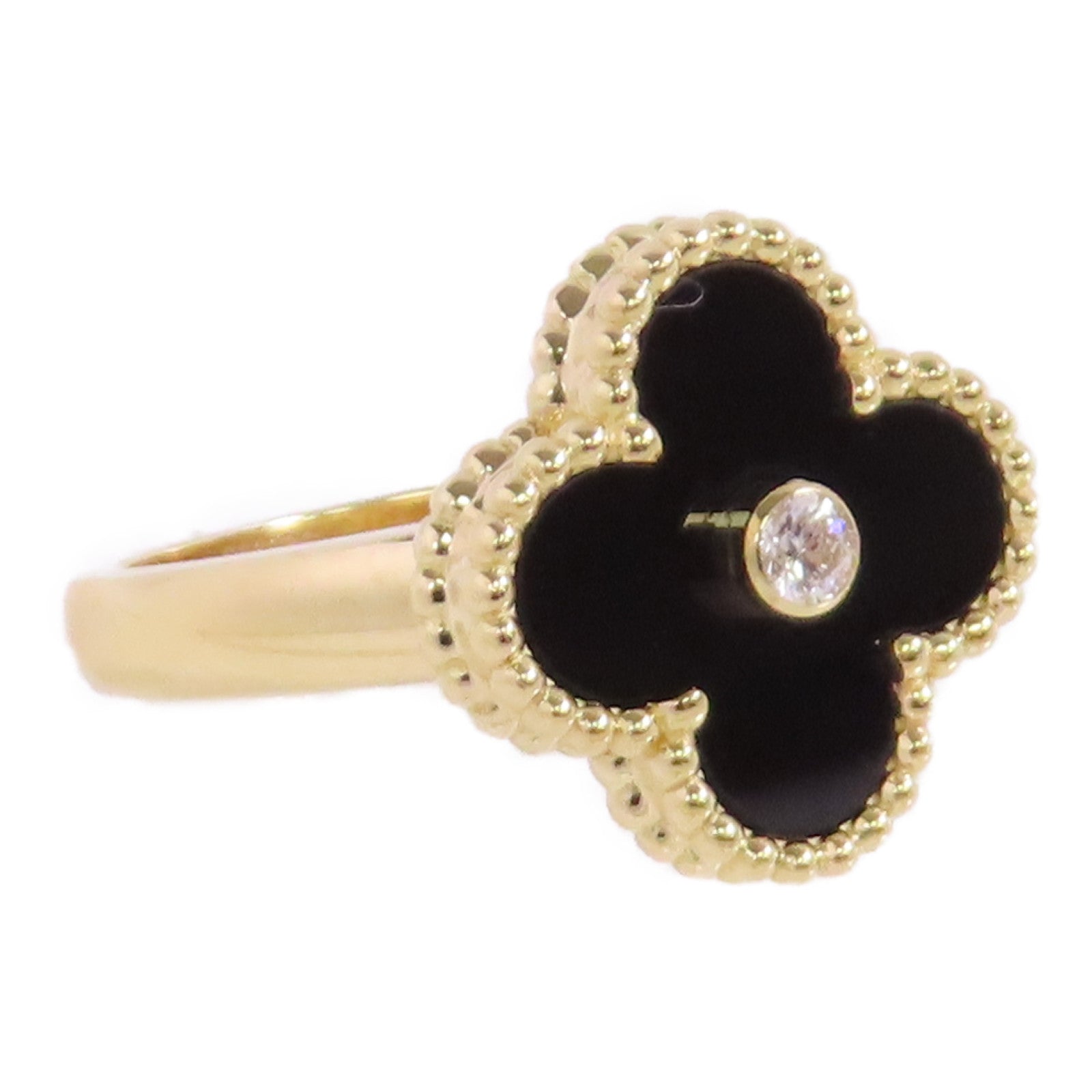 Van Cleef & Arpels 18K白金/黑瑪瑙Vintage Alhambra Black Agate Diamond Ring#51/US#5.75