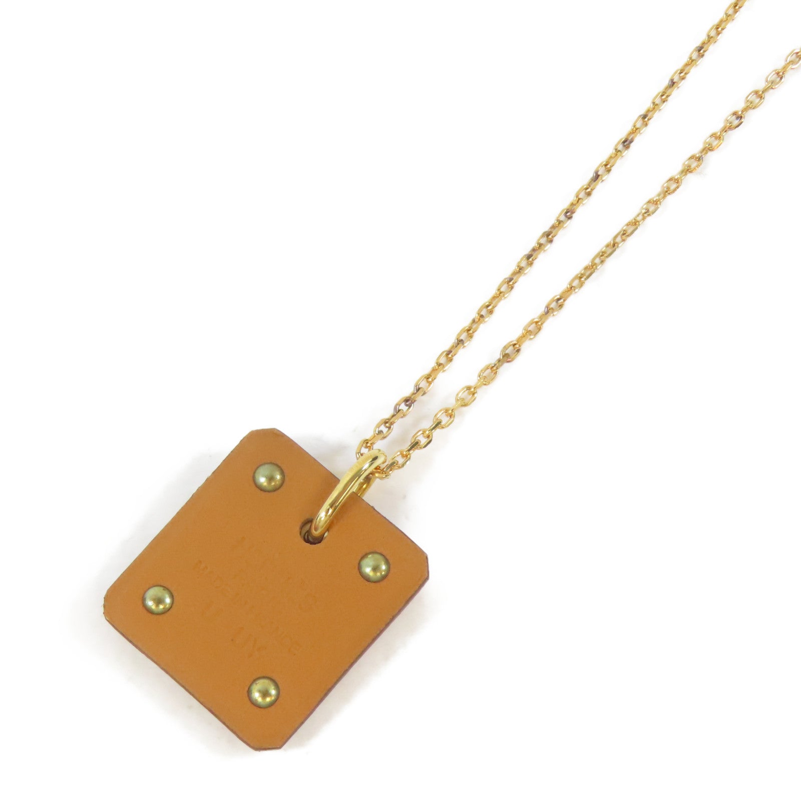 HERMES 皮革/金屬As de Coeur Pendant Necklace項鍊啡色/金色#48cm