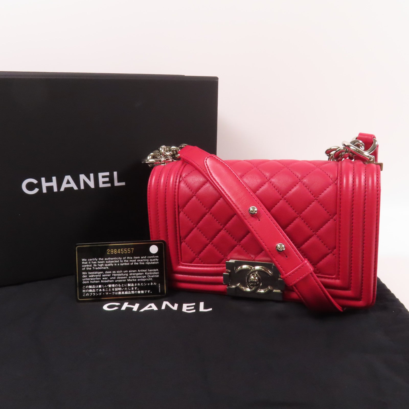 CHANEL 【激減優惠】菱格羊皮皮革Boy 20銀扣鏈帶肩背袋粉紅色