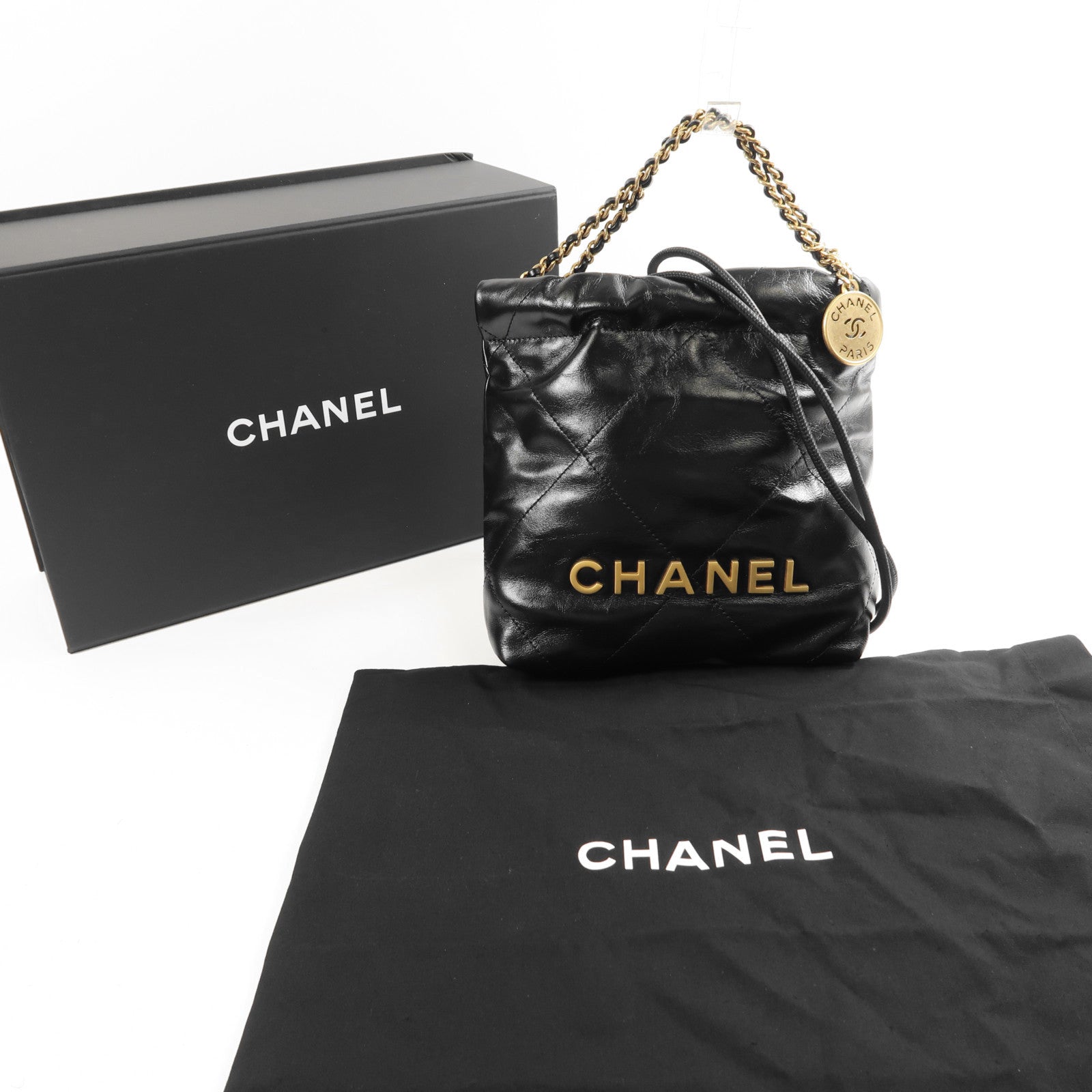 CHANEL 牛皮皮革Mini C22金扣鏈帶手挽肩背兩用袋