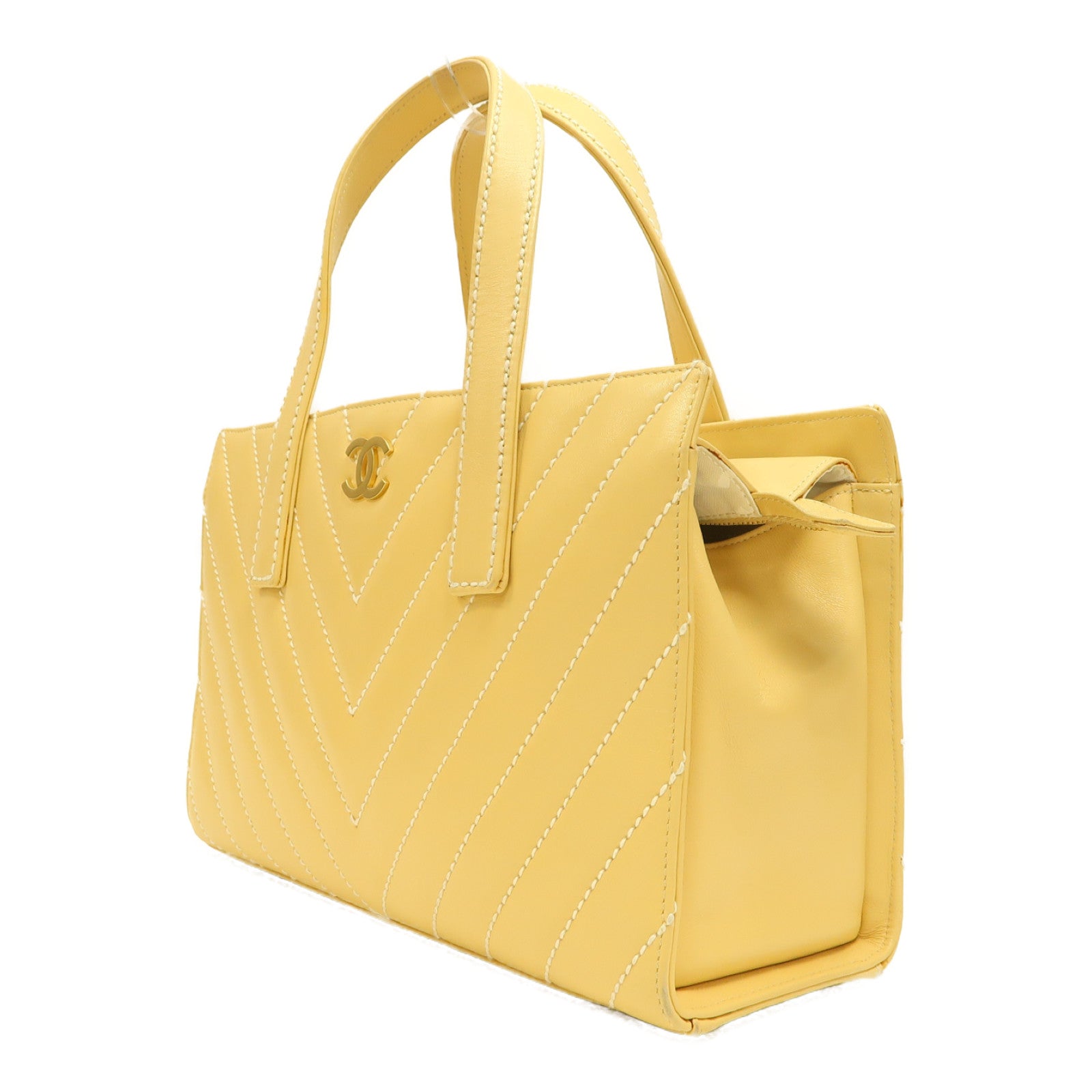 CHANEL 斜紋牛皮皮革Vintage Handbag金扣手挽袋黃色