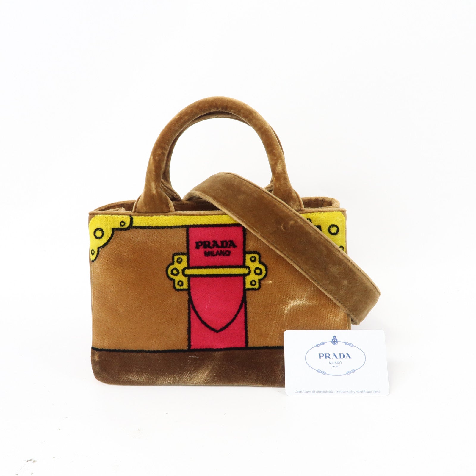 PRADA 天鵝絨2 Way Shoulder金扣肩背袋啡色