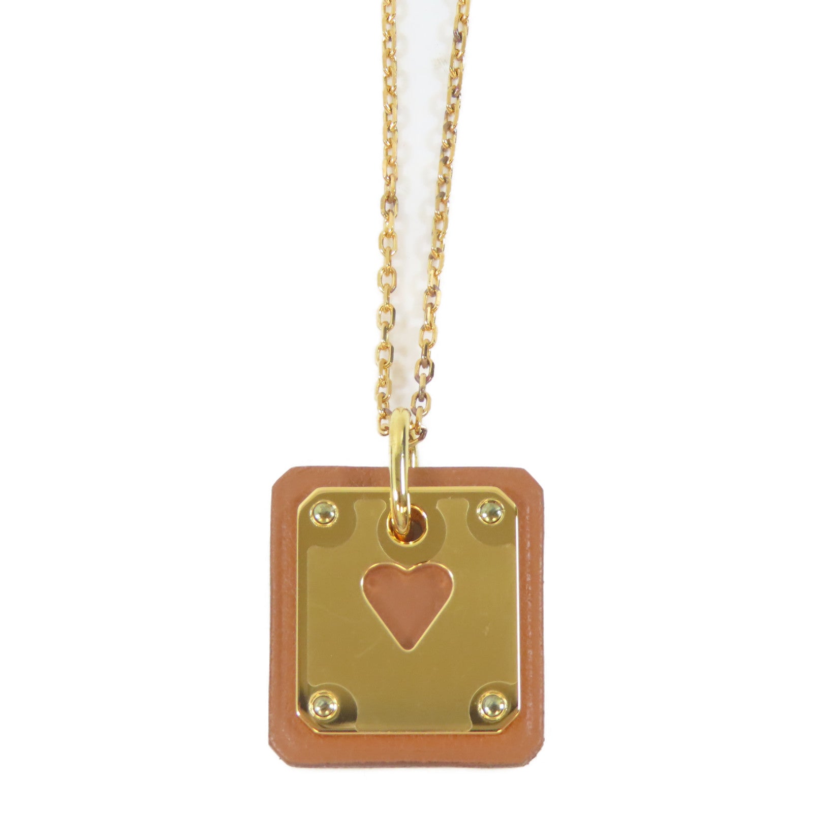 HERMES 皮革/金屬As de Coeur Pendant Necklace項鍊啡色/金色#48cm