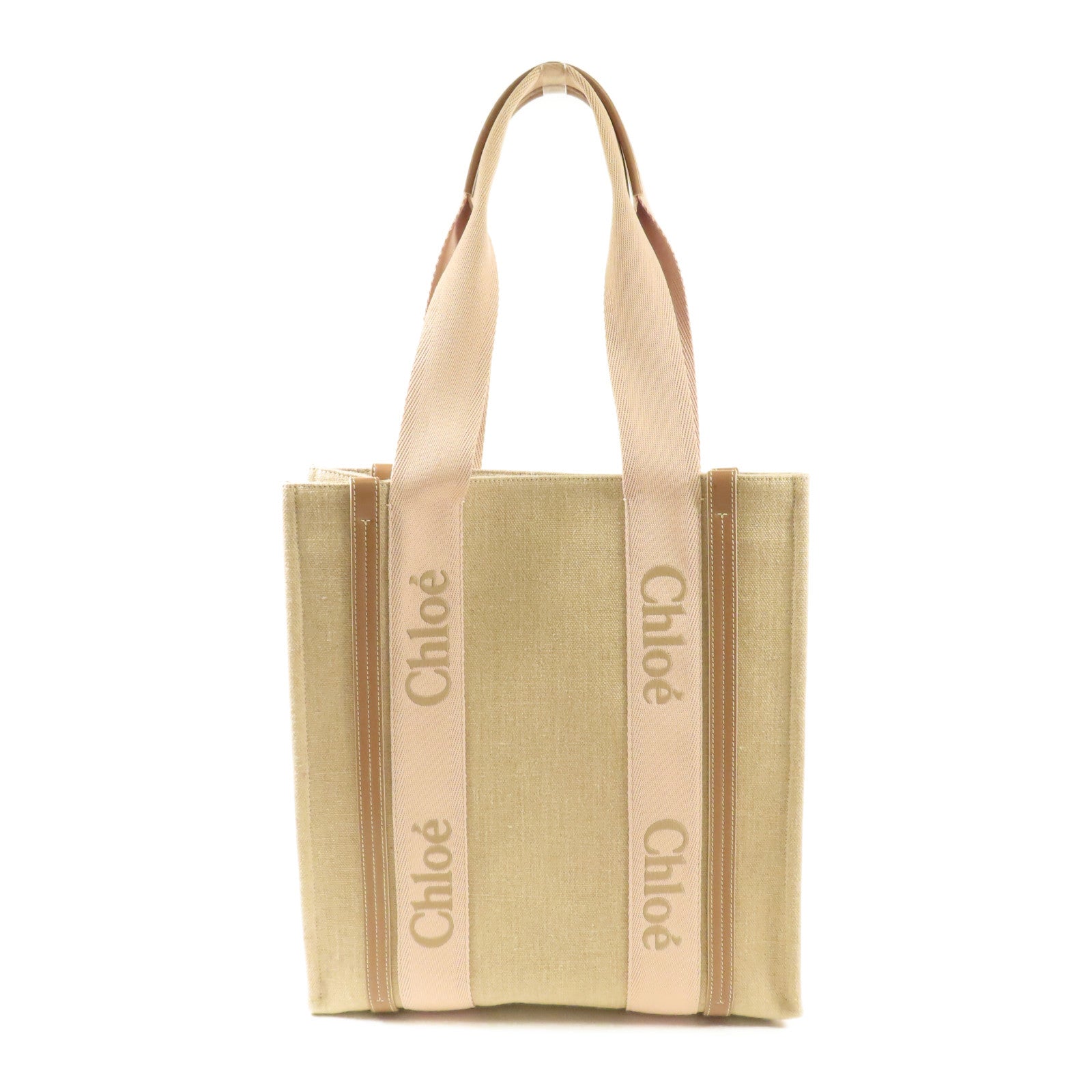 Chloe Woody Tote Bag Canvas Pink/Beige