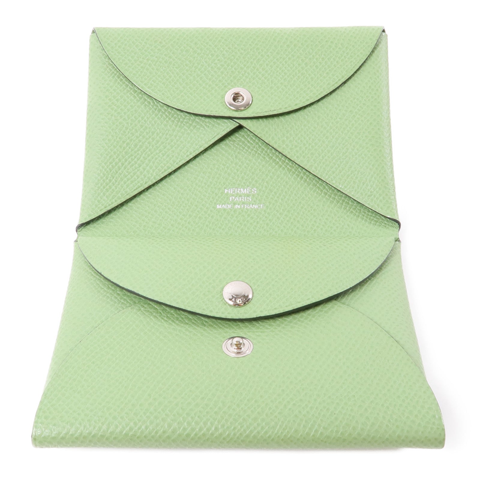 HERMES Epsom皮革Calvi Duoi銀扣卡片套Vert Criquet/綠色