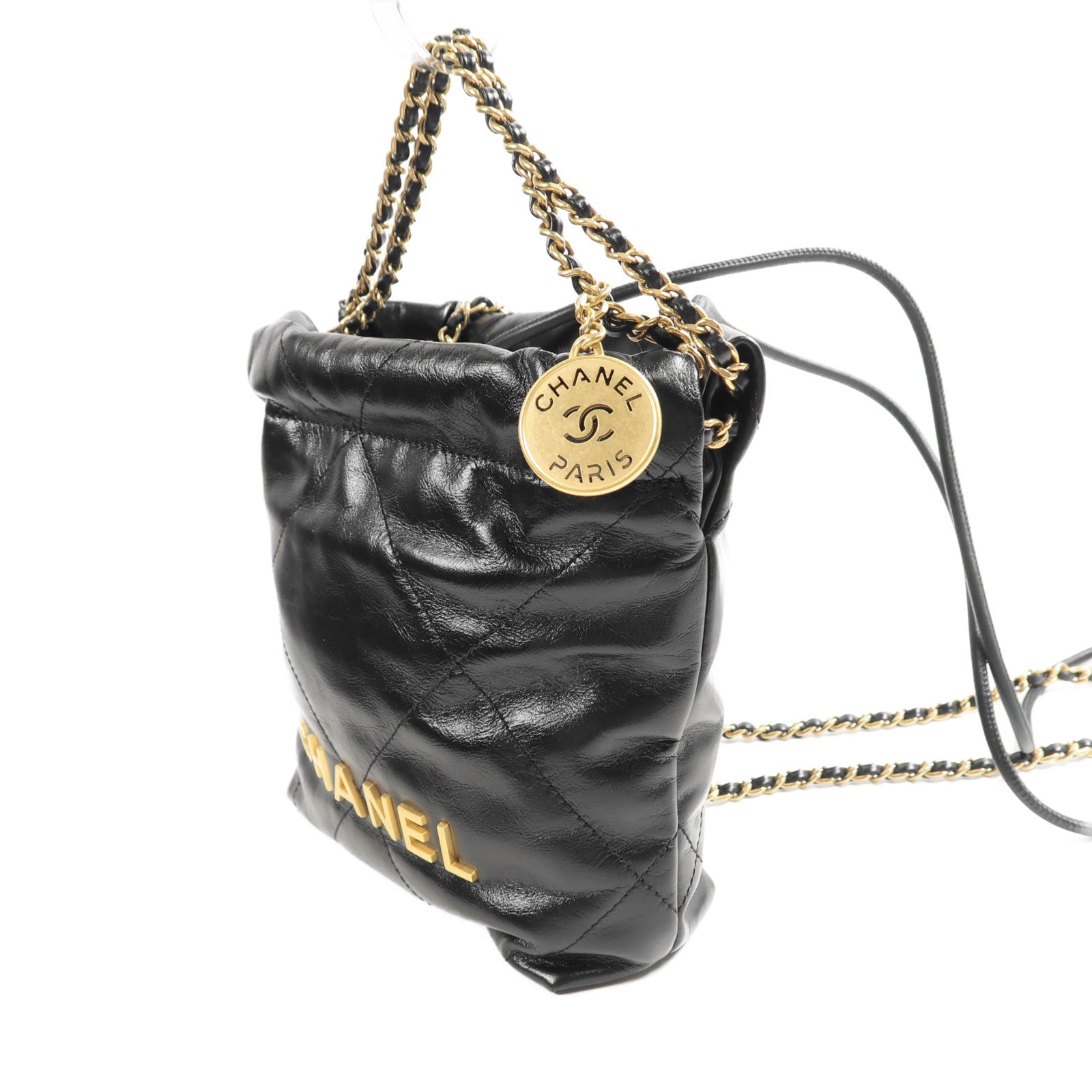 CHANEL 牛皮皮革Mini C22金扣鏈帶手挽肩背兩用袋