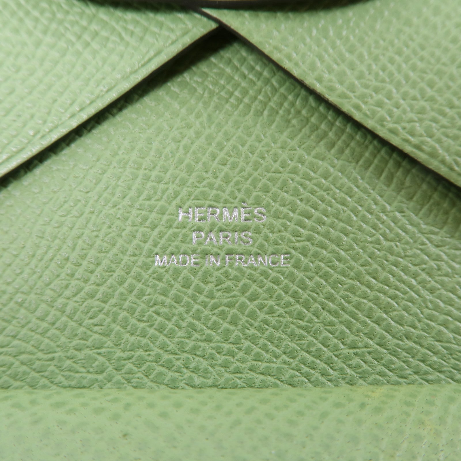 HERMES Epsom皮革Calvi Duoi銀扣卡片套Vert Criquet/綠色