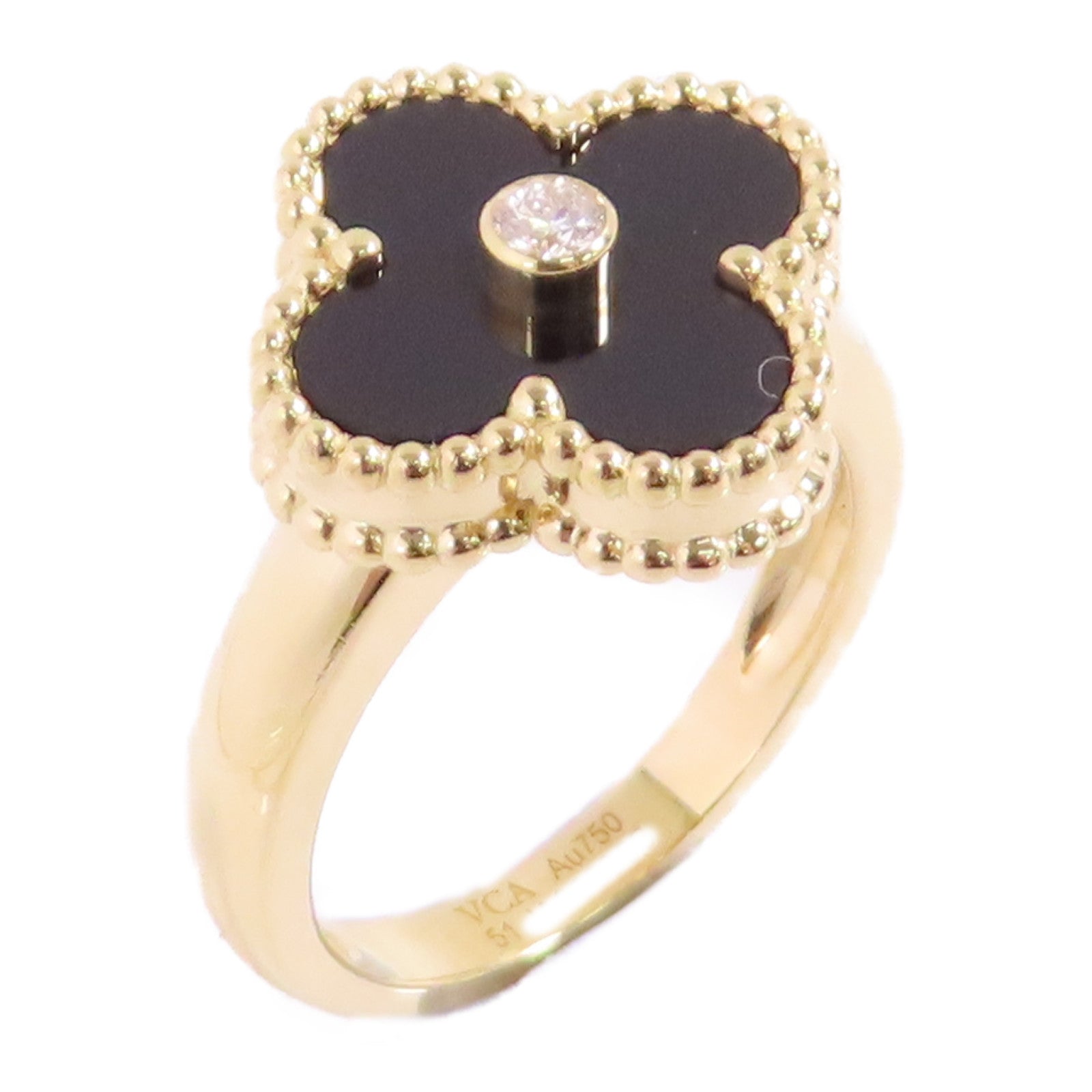 Van Cleef & Arpels 18K白金/黑瑪瑙Vintage Alhambra Black Agate Diamond Ring#51/US#5.75