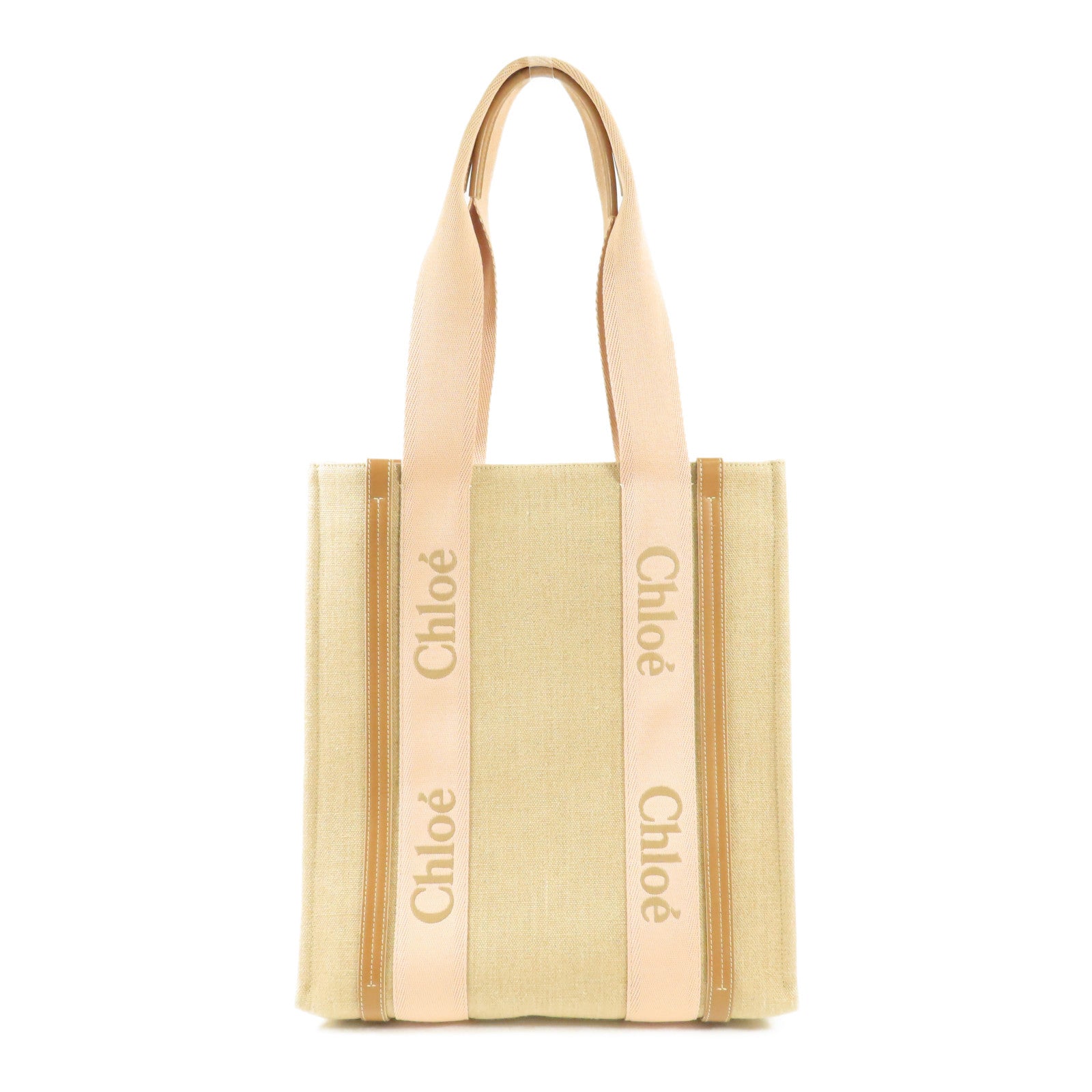 Chloe Woody Tote Bag Canvas Pink/Beige