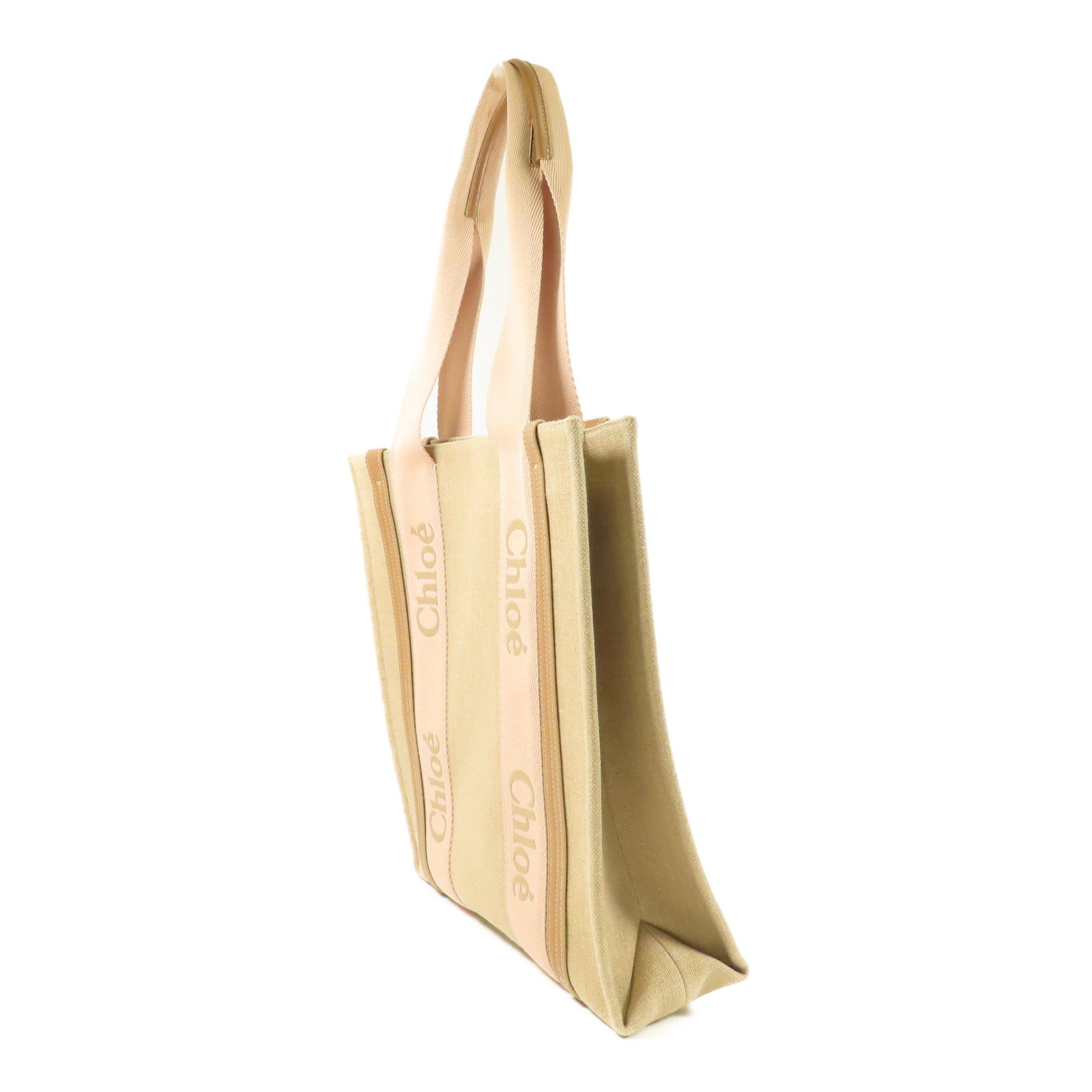 Chloe Woody Tote Bag Canvas Pink/Beige