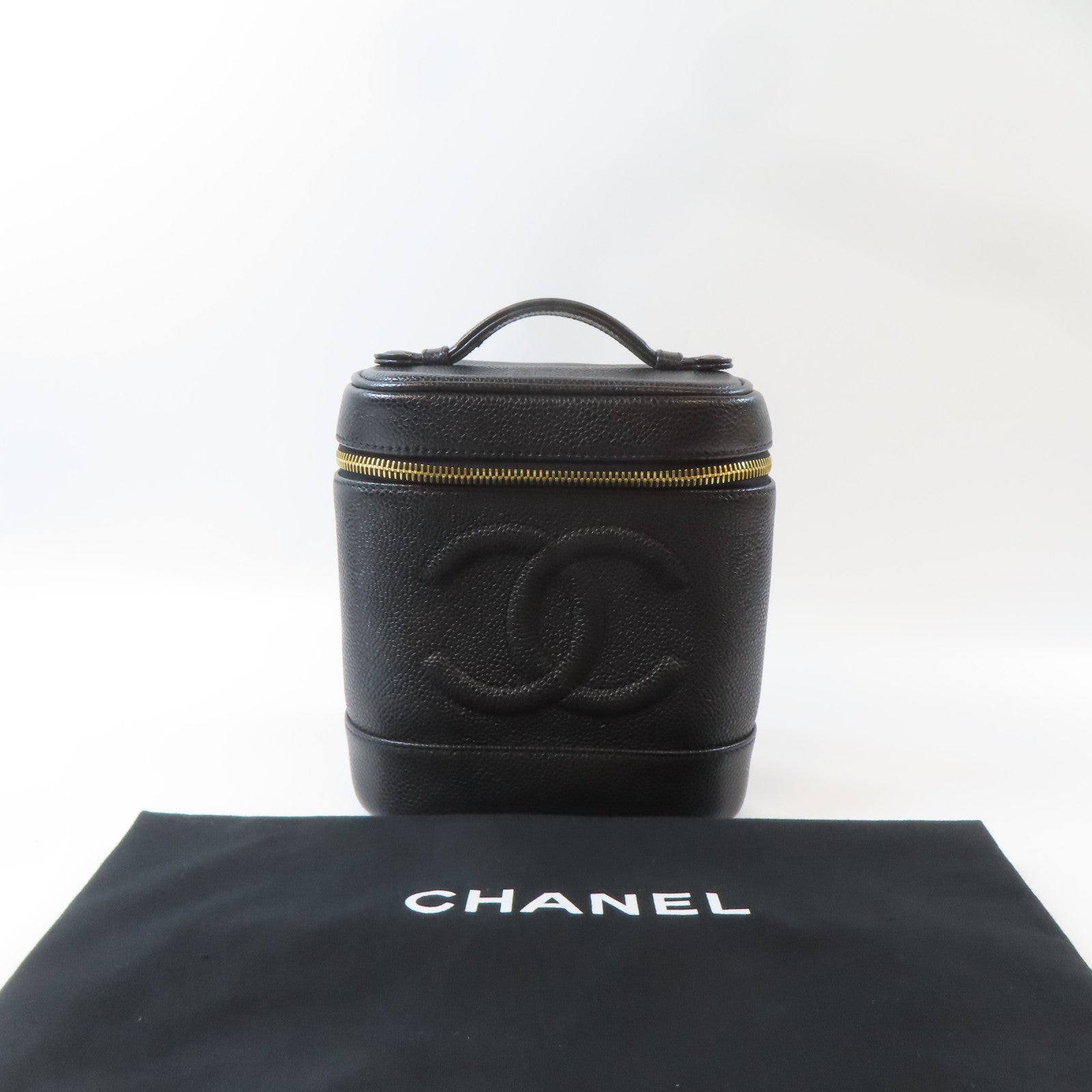 CHANEL Caviar皮革Vintage Vanity Case金扣手挽袋黑色