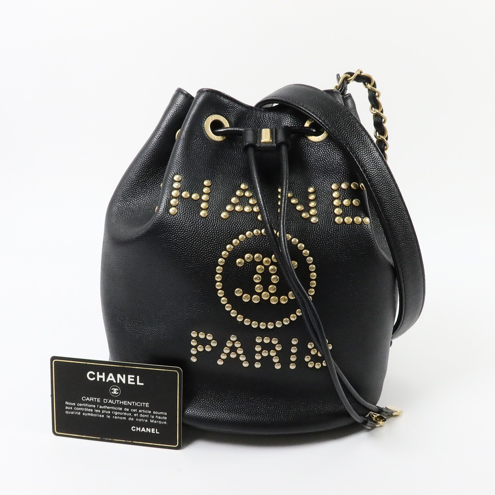 CHANEL 牛皮皮革Drawstring Bucket鏈帶肩背袋