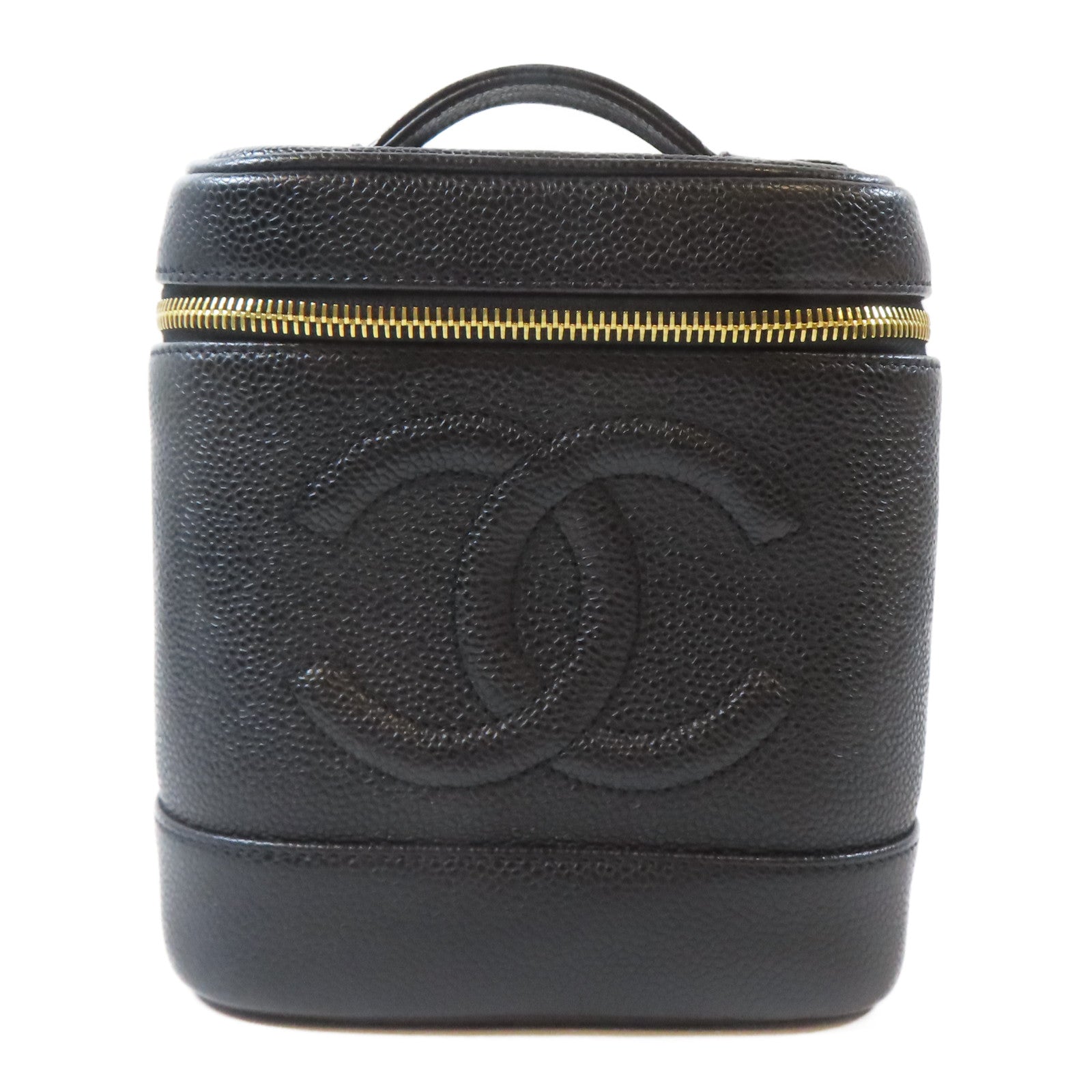 CHANEL Caviar皮革Vintage Vanity Case金扣手挽袋黑色