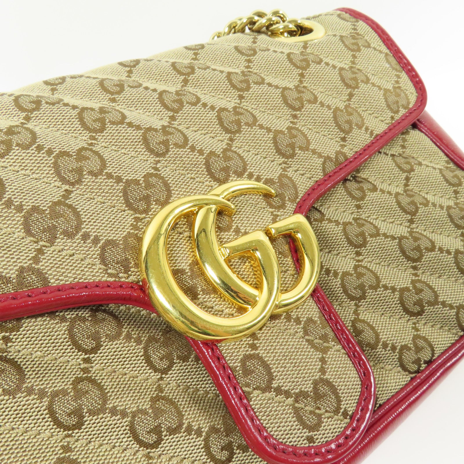 GUCCI GG GHW Marmont Bag Chain Shoulder Bag GG Canvas Brown Red