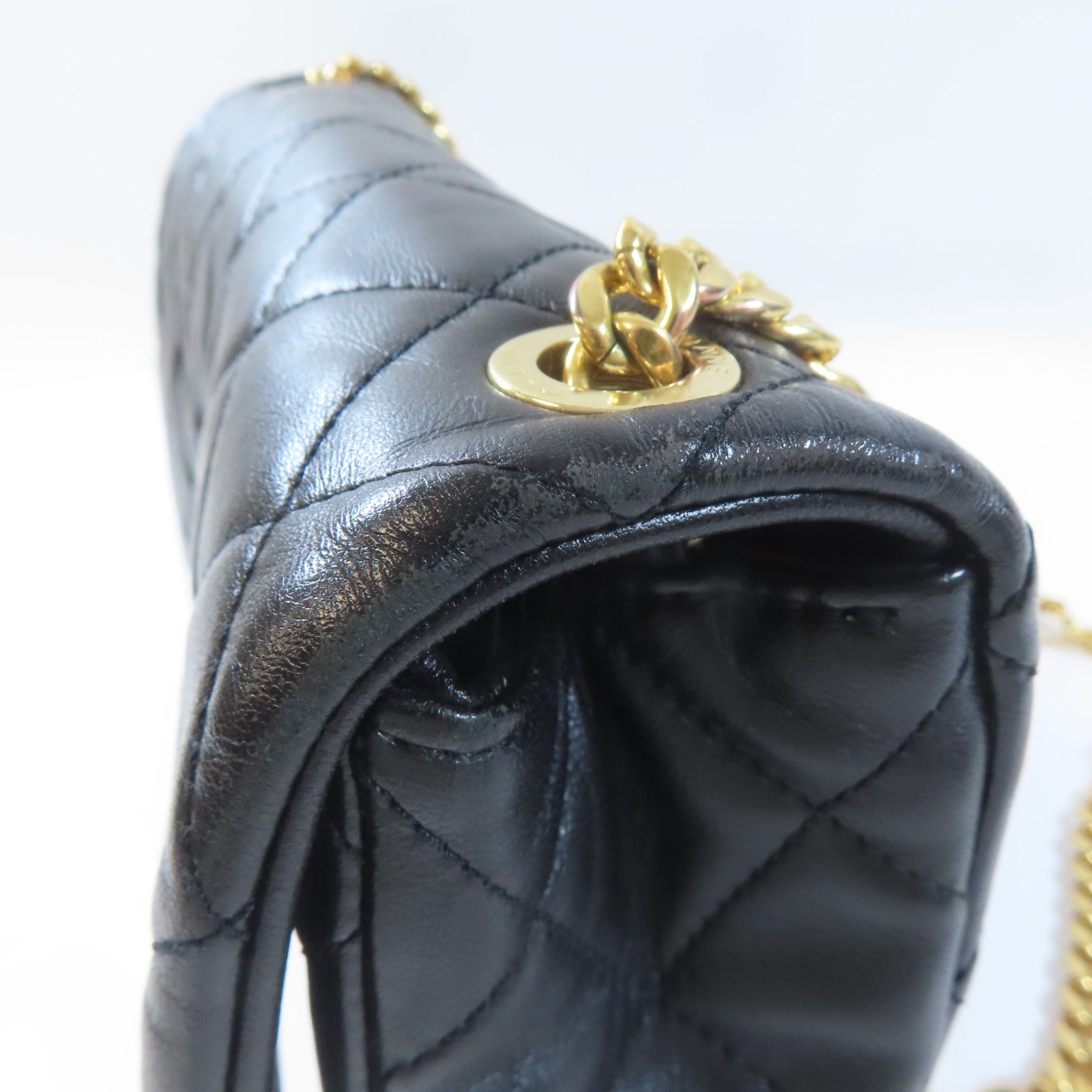 CHANEL 菱格羊皮皮革Chain Shoulder金扣鏈帶肩背袋黑色