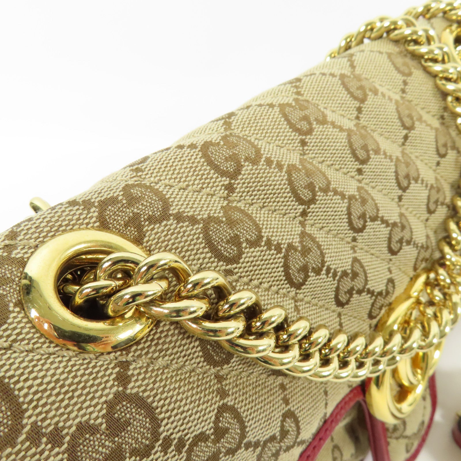 GUCCI GG GHW Marmont Bag Chain Shoulder Bag GG Canvas Brown Red