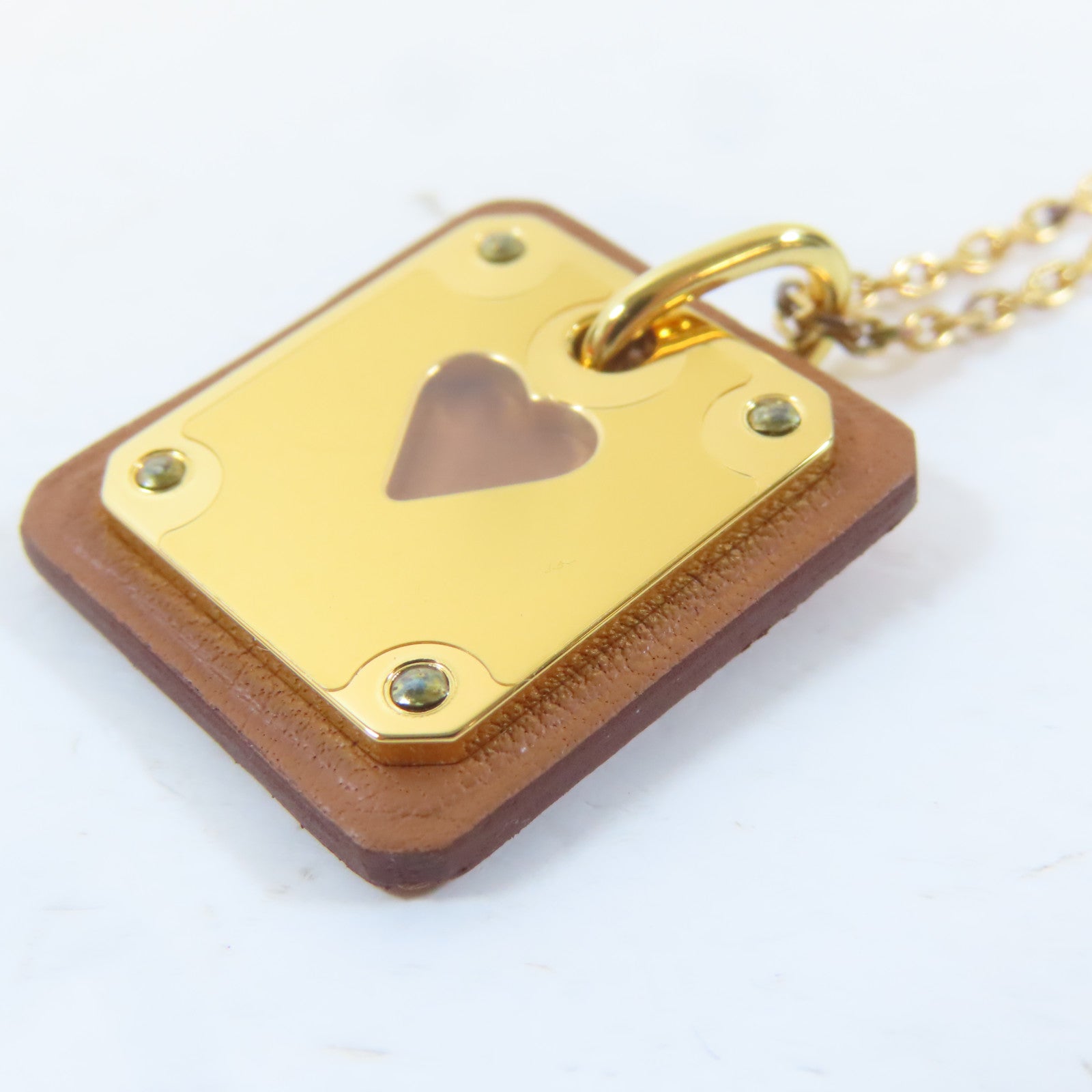 HERMES 皮革/金屬As de Coeur Pendant Necklace項鍊啡色/金色#48cm