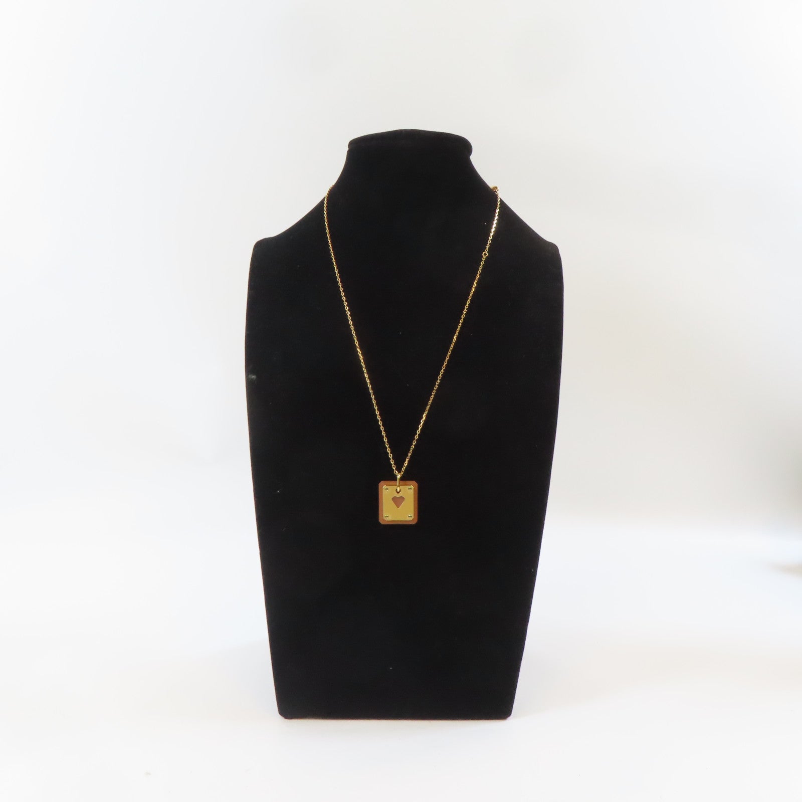 HERMES 皮革/金屬As de Coeur Pendant Necklace項鍊啡色/金色#48cm