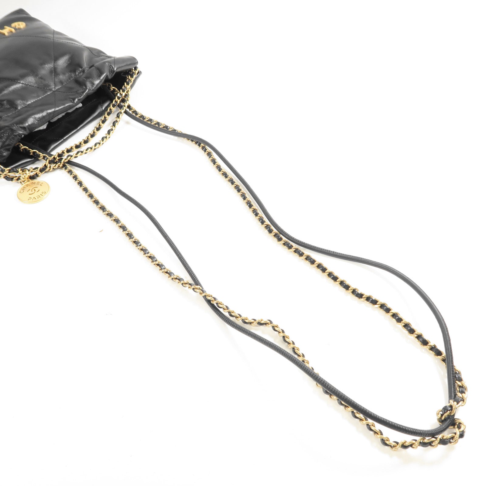CHANEL 牛皮皮革Mini C22金扣鏈帶手挽肩背兩用袋