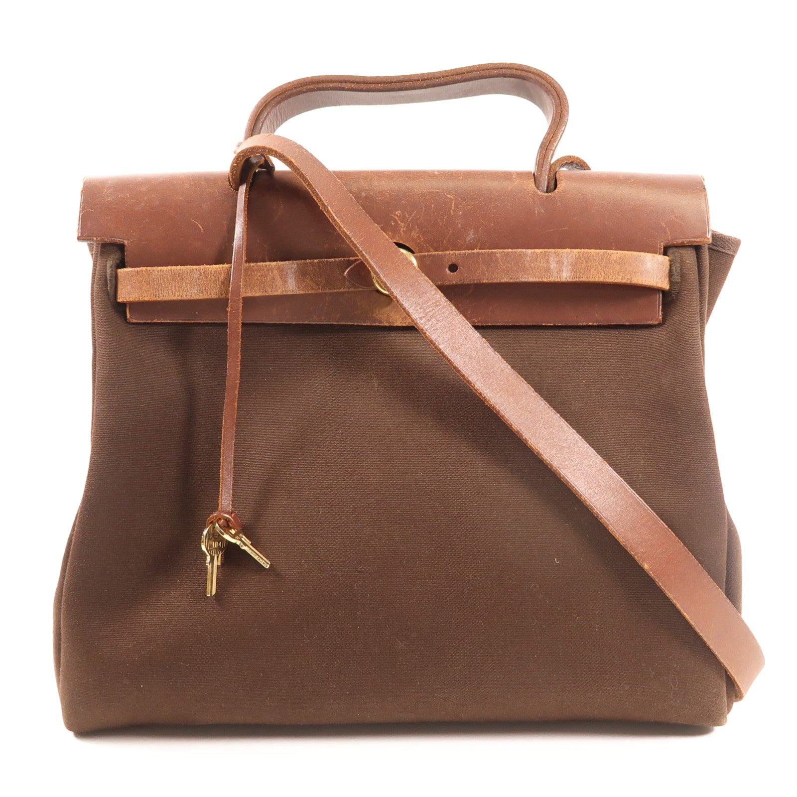 HERMES 帆布Herbag PM金扣手挽肩背兩用袋啡色